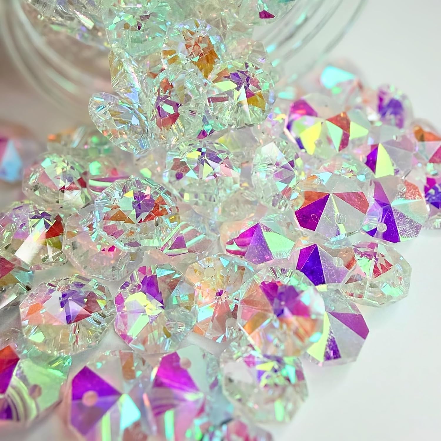 200pcs 14mm Crystal Glass Octagon Beads with 2 Holes, Faceted Prism Spacer for DIY Jewelry Making, Chandelier Replacement, Suncatcher, Lamp Hanging Ornaments and Pendant Crafts