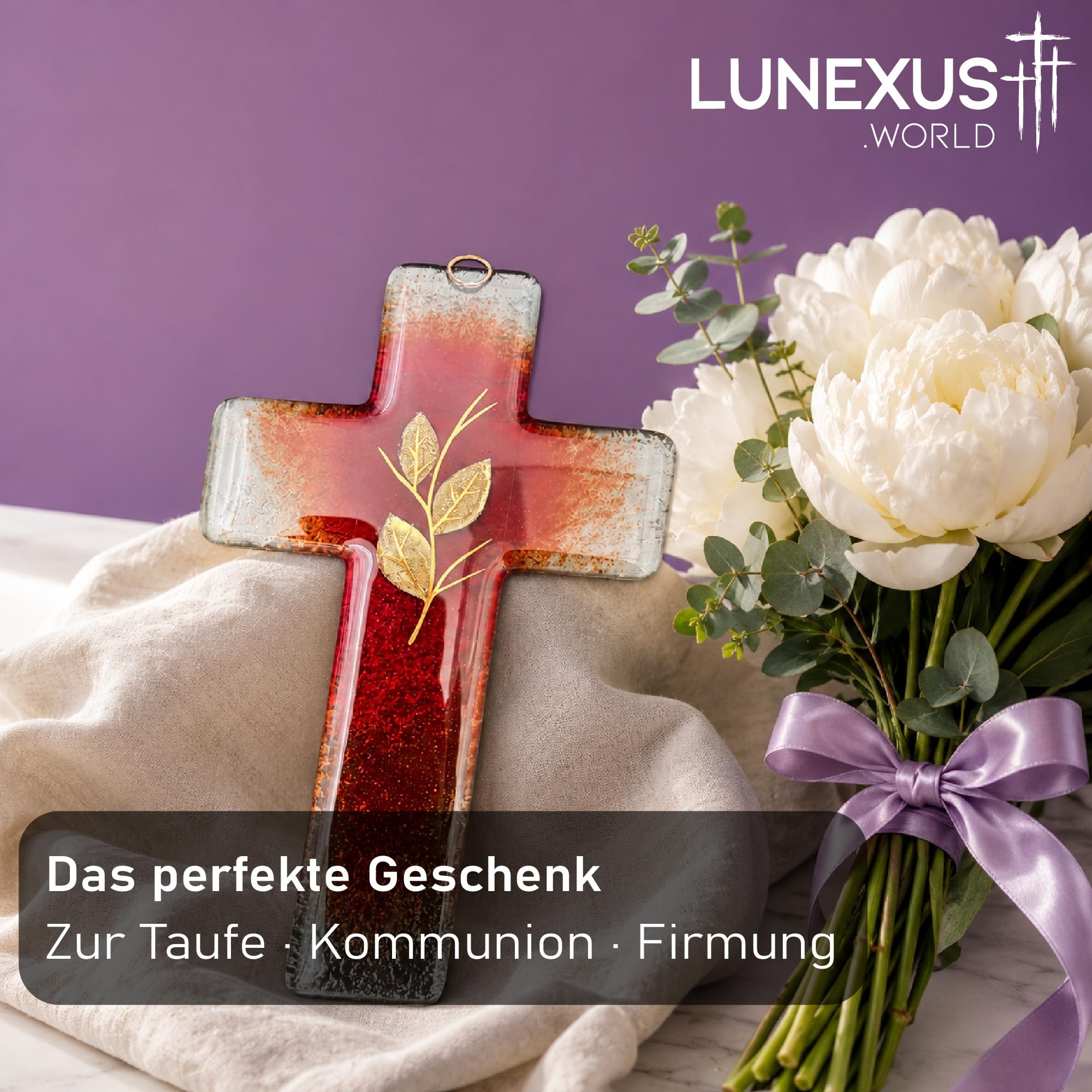 Lunexus Szklany krzyż 20 cm, ręcznie wykonany, krzyż ścienny, szkło czerwone złoto, prezent na chrzest, krzyż, chrzest, dla dziewcząt, chłopców, prezent na komunię, prezent firmowy, prezent religijny