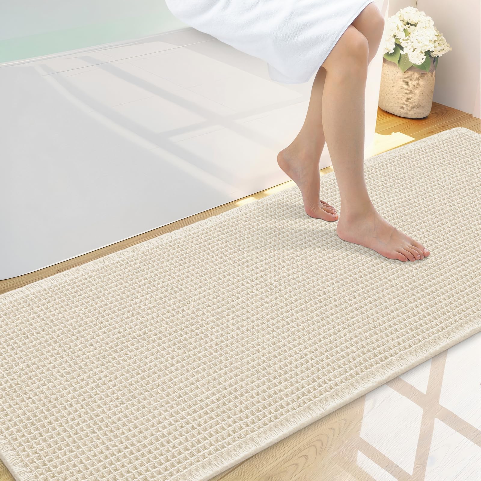 Smiry Waffle Bath Mat 59X20, Soft Absorbent Bathroom Rugs, Cream Beige