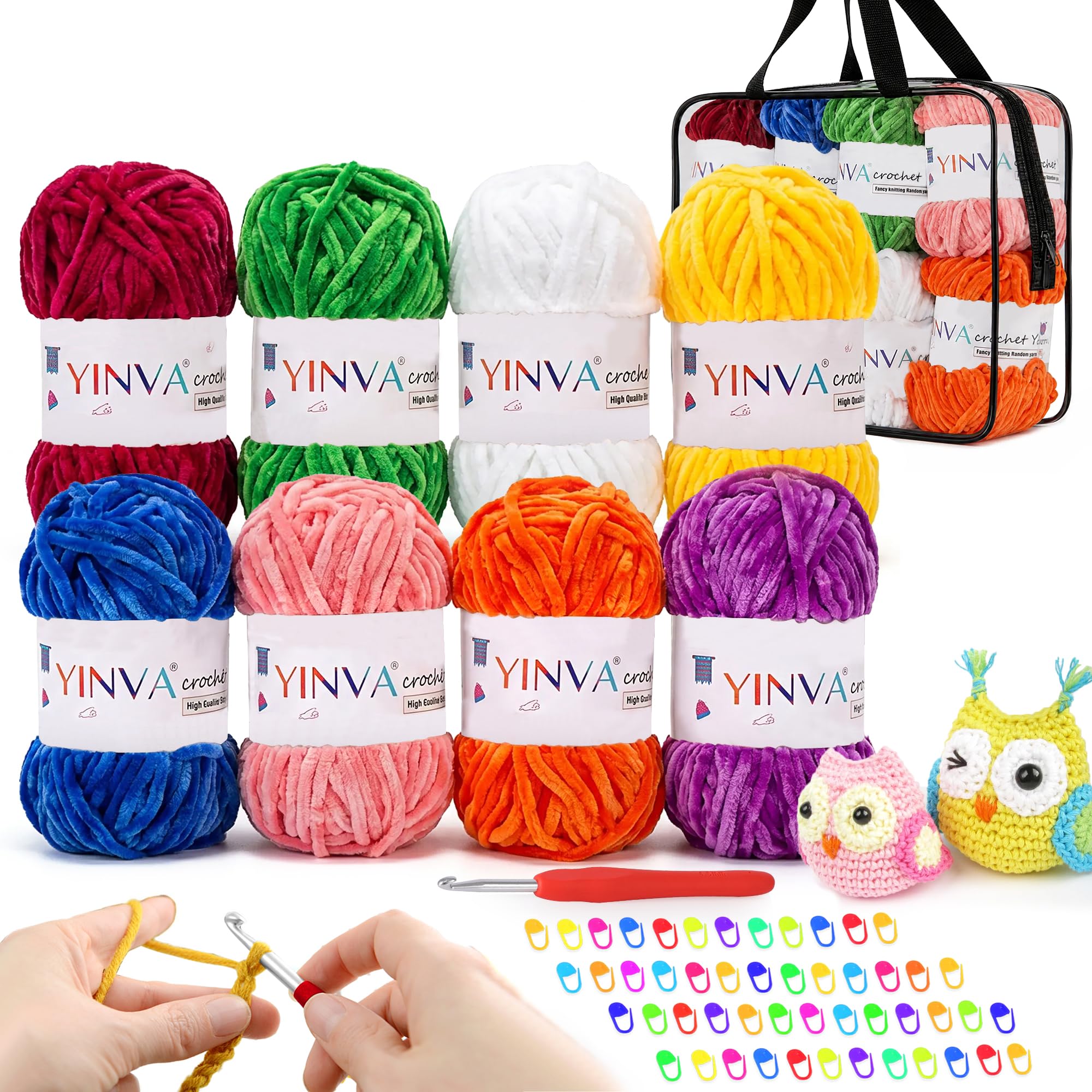 YINVA Chenille Yarn Chunky 8×100g Vibrant Colours for Enthusiasts, Velvet Yarn for Relaxing, No Shed Plush Yarn with Hook Stitch Markers and Handbag, Chenille Wool for Clothes, Blankets, DIY
