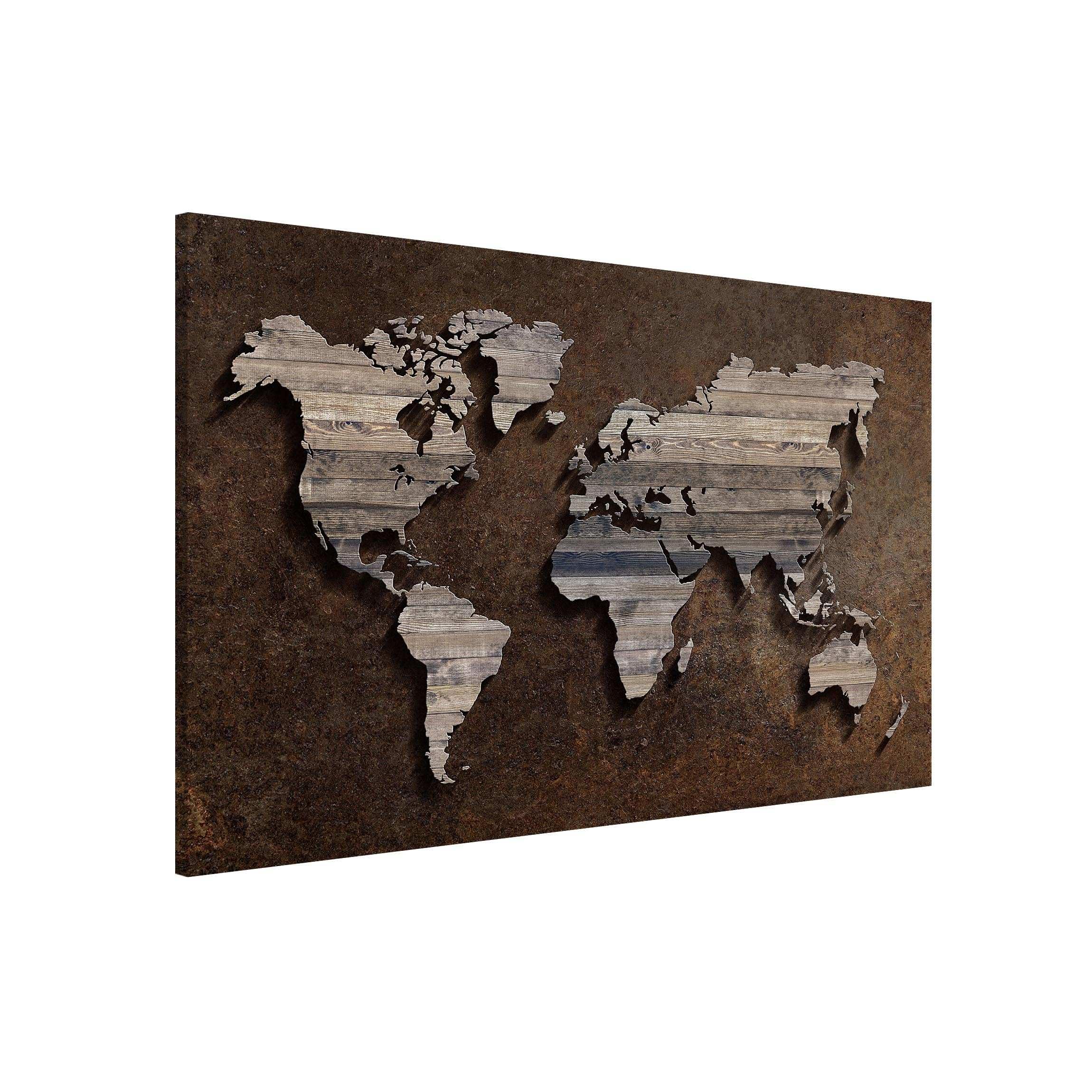 Bilderwelten Magnettafel - Holz Rost Weltkarte - Memoboard Querformat 2:3, Wandbild Magnettafel Pinnwand Magnetboard Magnetpinnwand Magnetwand Stahl Küche Büro, Größe HxB: 60cm x 90cm