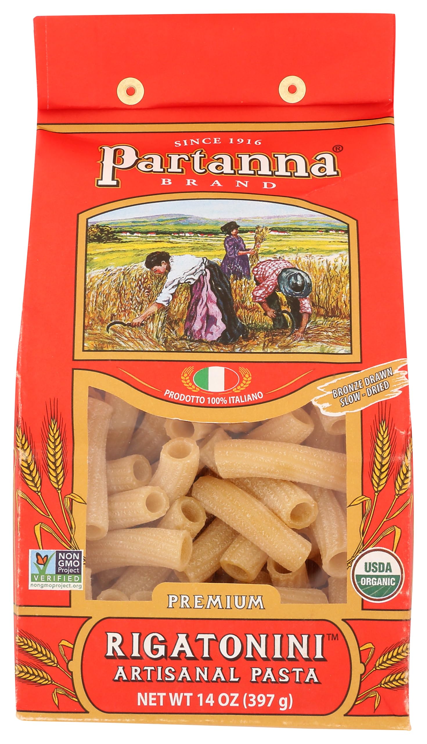 Partanna Organic Premium Rigatonini Italian Artisanal Pasta - Bronze Cut - High Quality Durum Wheat Semolina-Slow Dried -NON-GMO- Made in Italy- 14 oz