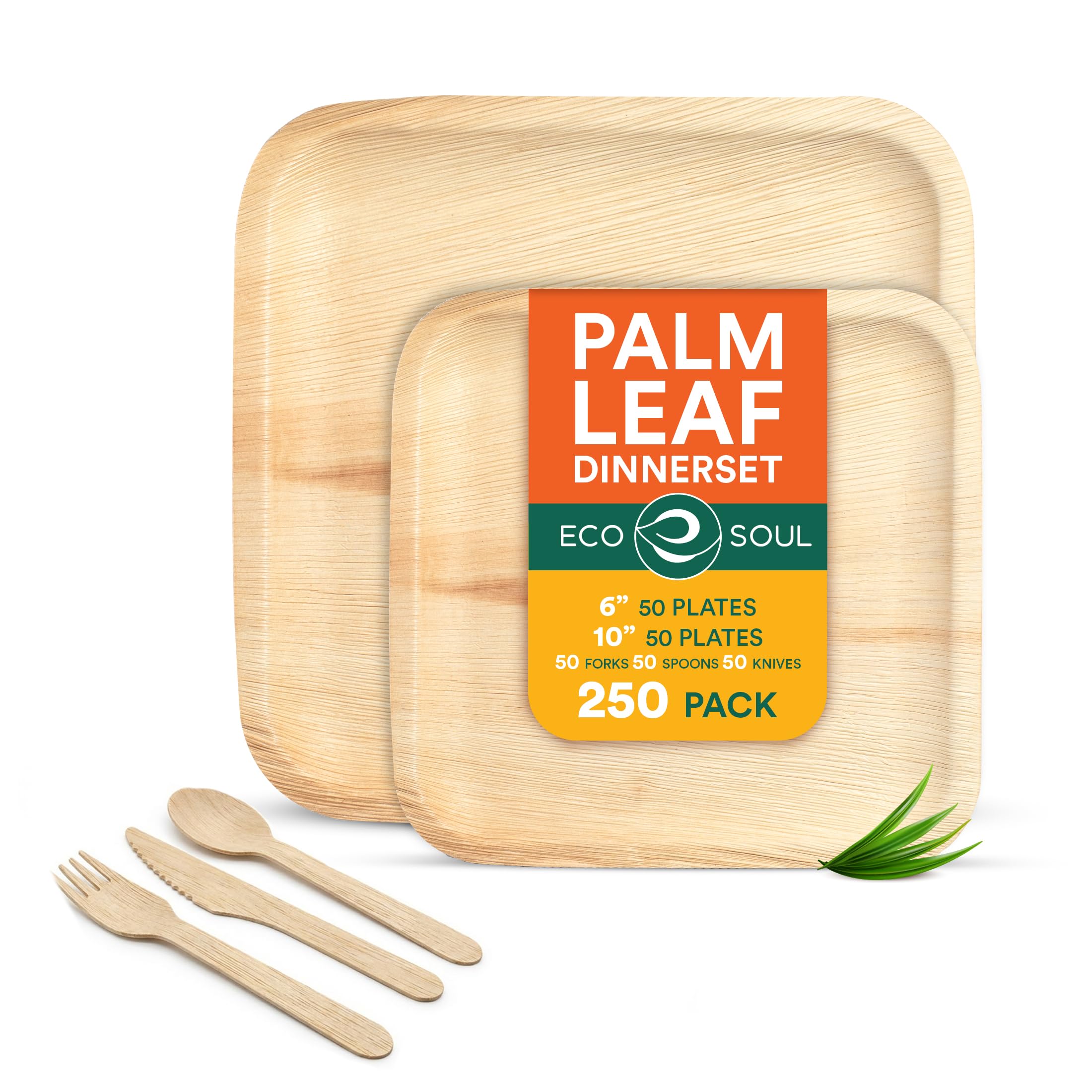 ECO SOUL 100% kompostierbares Palmblatt-Geschirrset – Runde Teller 10″ & 6″ (je 50 Stück) inkl. Gabel, Messer & Löffel (je 50 Stück), nachhaltig & umweltfreundlich
