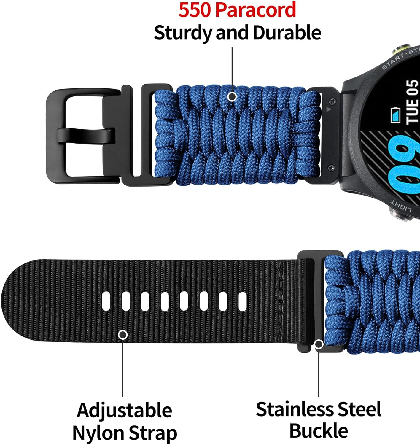BINLUN Compatible with Garmin Watch Band 20mm 22mm 26mm, Heavy-Duty Braided 550 Paracord Nylon Sport Replacement Strap Design for Quickfit Fenix/Fit for Forerunner/for Instinct/for Quatix/for MARQ