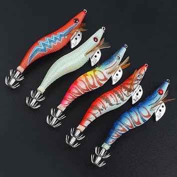 5pcs Luminous Squid Jigs Saltwater Fishing Lures Glow Tail Squid Jig Hooks Stainless Steel Needles Cuttlefish Sleeve Squid Jig Baits Night Fishing