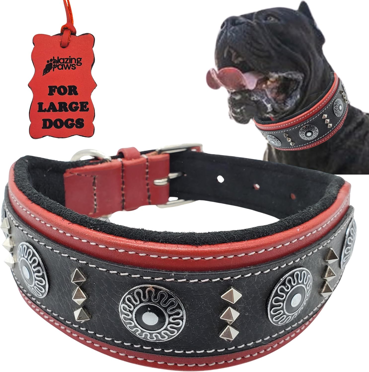 Blazing Paws Armington Wide 2 inch Luxury Thick Leather Western Dog Collar for Large Dogs, Soft Suede Padded Dog Collar with Shield Conchos and Square Studs (XL: 20-23", Red/Black)