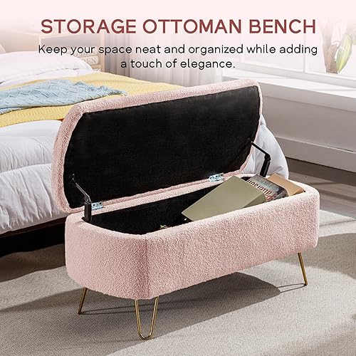 Miniatura 3 de NIOIIKIT Banco otomano de almacenamiento, cómodo banco de entrada tapizado de piel sintética con patas de metal, banco de dormitorio con parte
