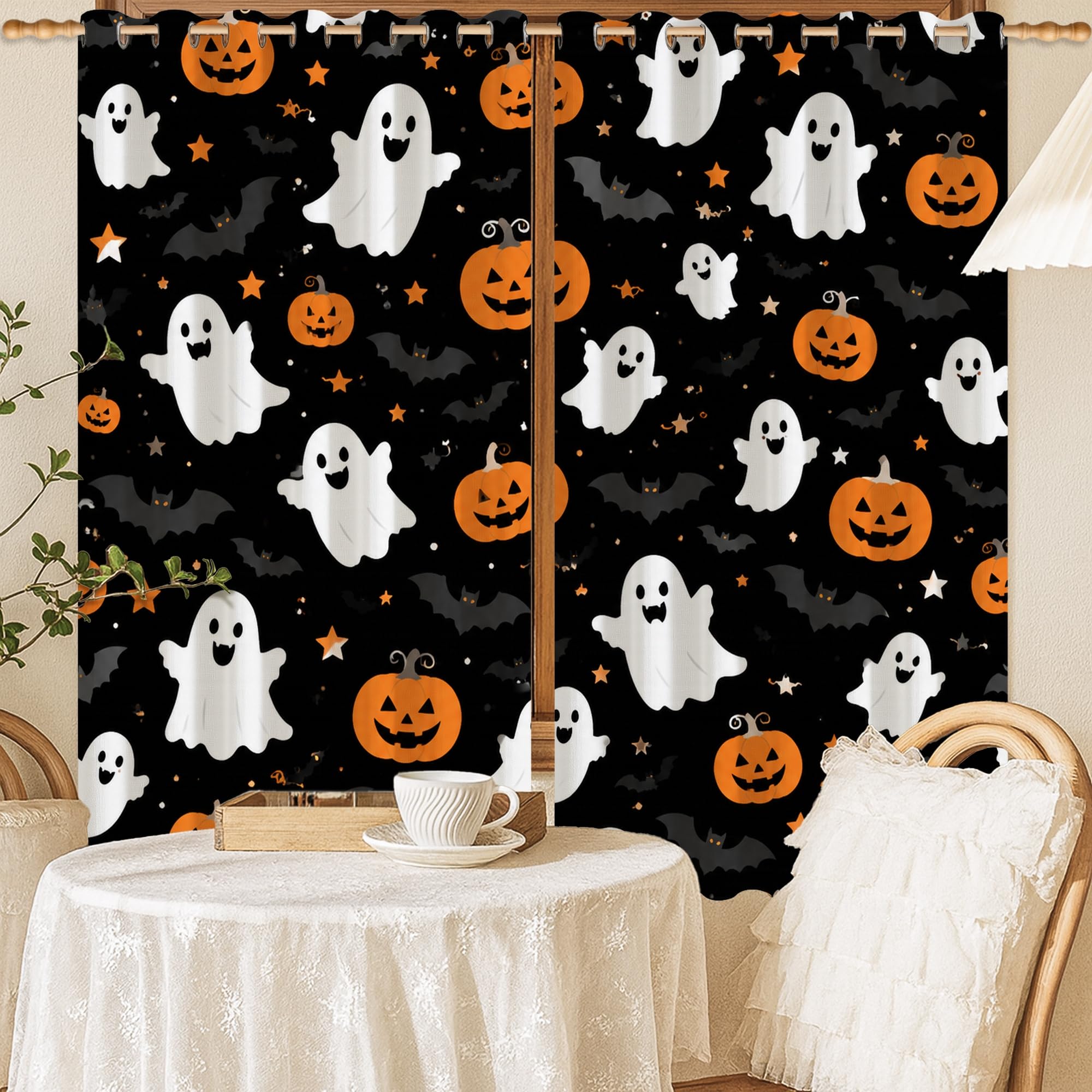 Rideaux occultants Halloween pour chambre d'enfant motif citrouille noir 132x137cm