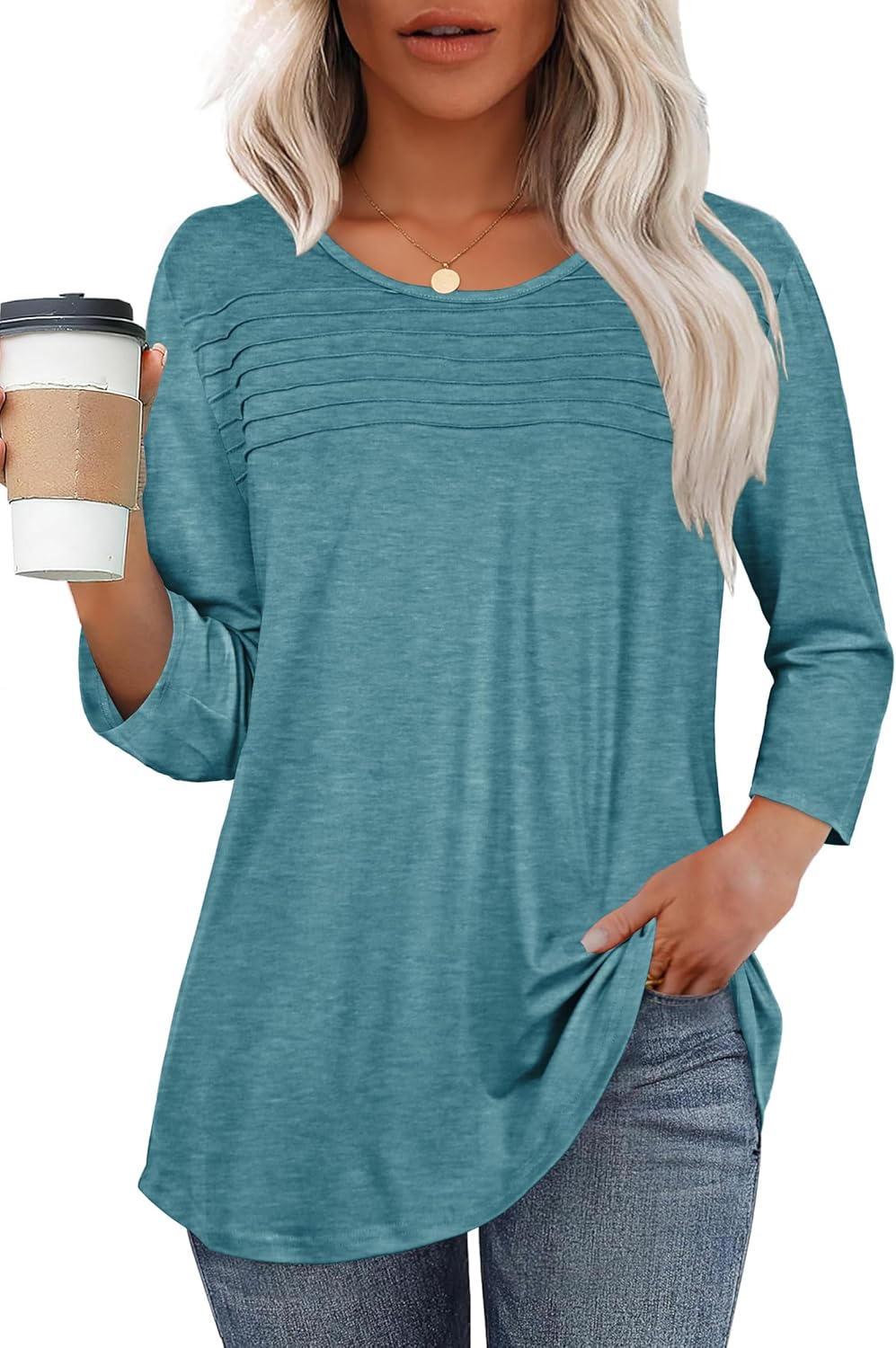 rosemia 3/4 Length Sleeve Womens Tops Crewneck Casual Tunic Dressy Pleated Front Loose Fit T Shirts - Image 6