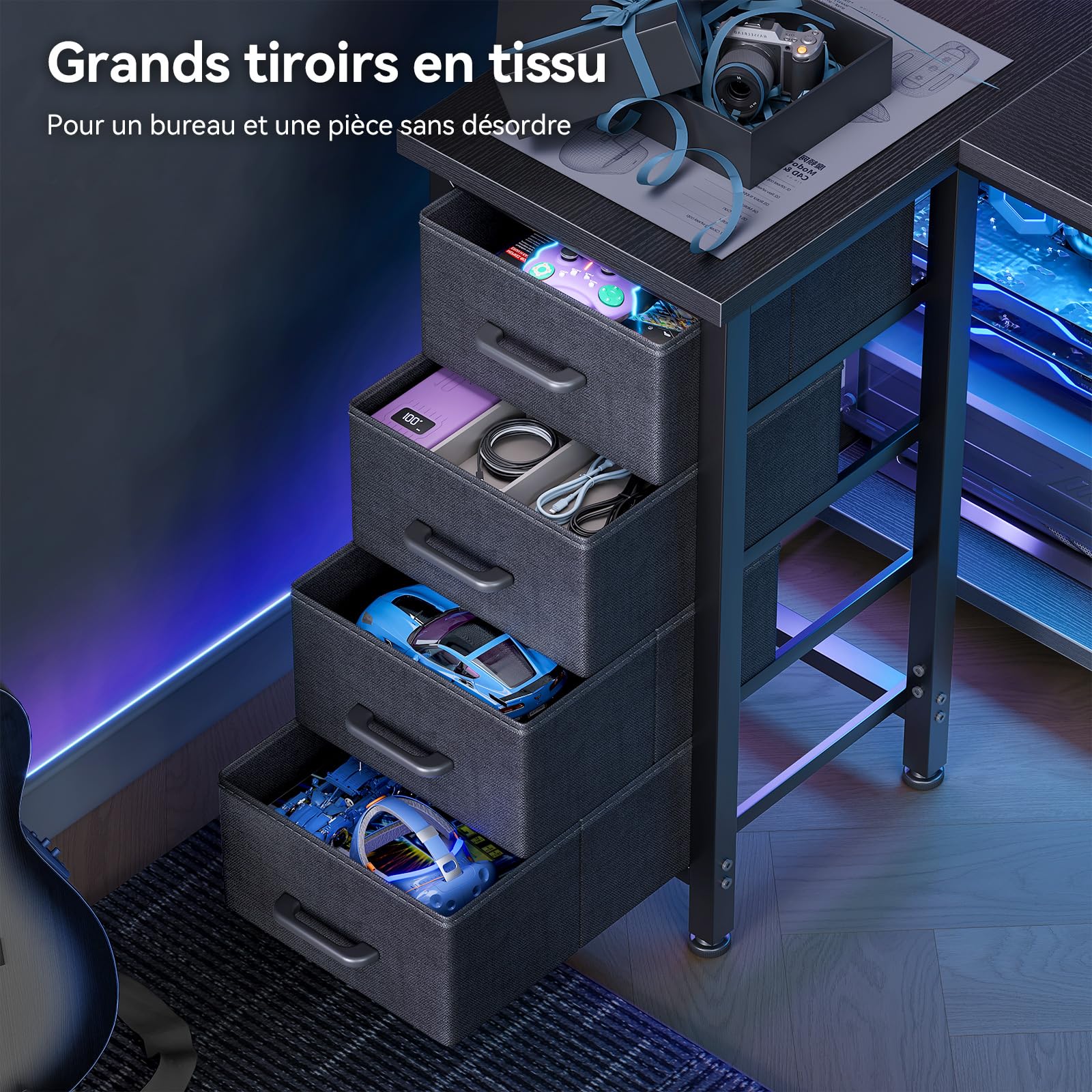 Coleshome Bureau d'angle avec 4 tiroirs, 100x70cm Bureau Gaming, Table Gaming réversibles pour Le Travail à Domicile, Noir