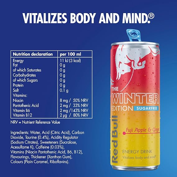 Red Bull Apple Edition Sugarfree Fuji Apple & Ginger Energy Drink 250ml 4 Pack (Pack of 6)