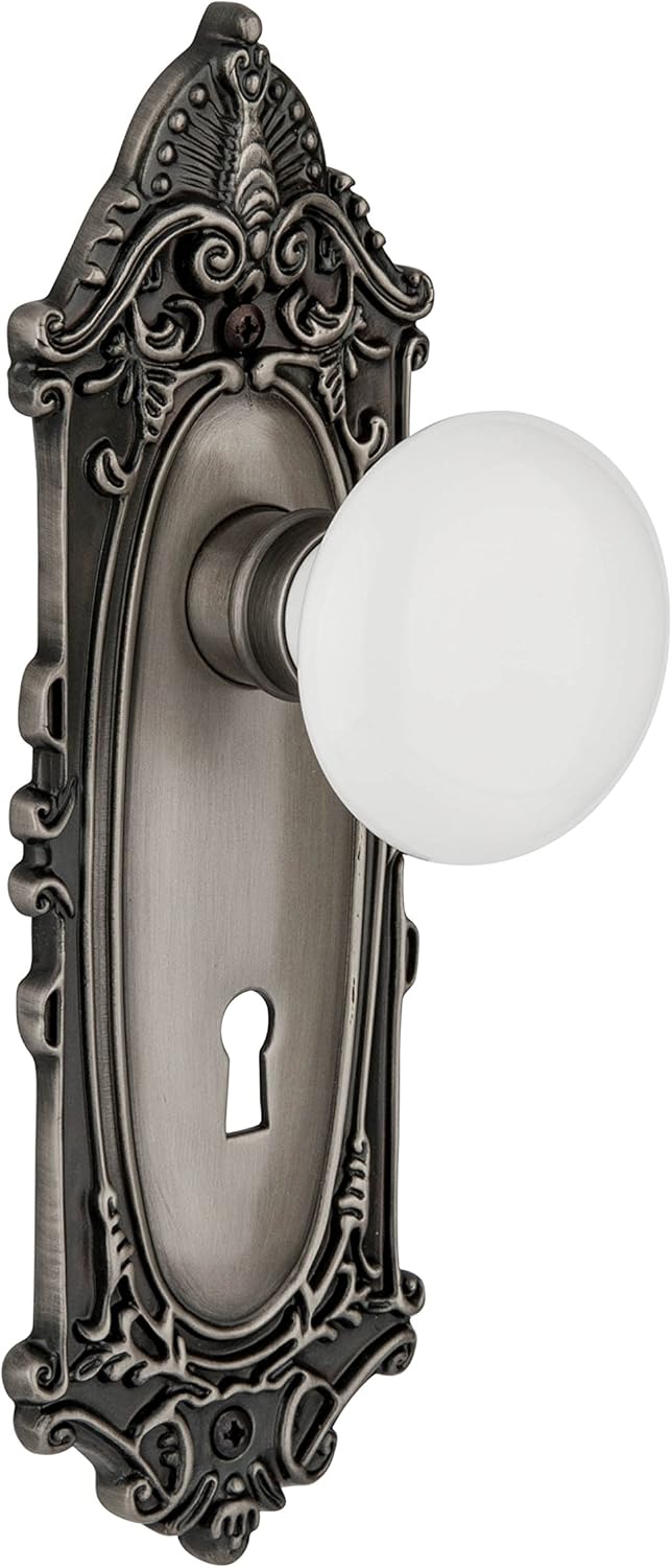 Nostalgic Warehouse Victorian Plate with Keyhole White Porcelain Knob, Passage - 2.375", Antique Pewter