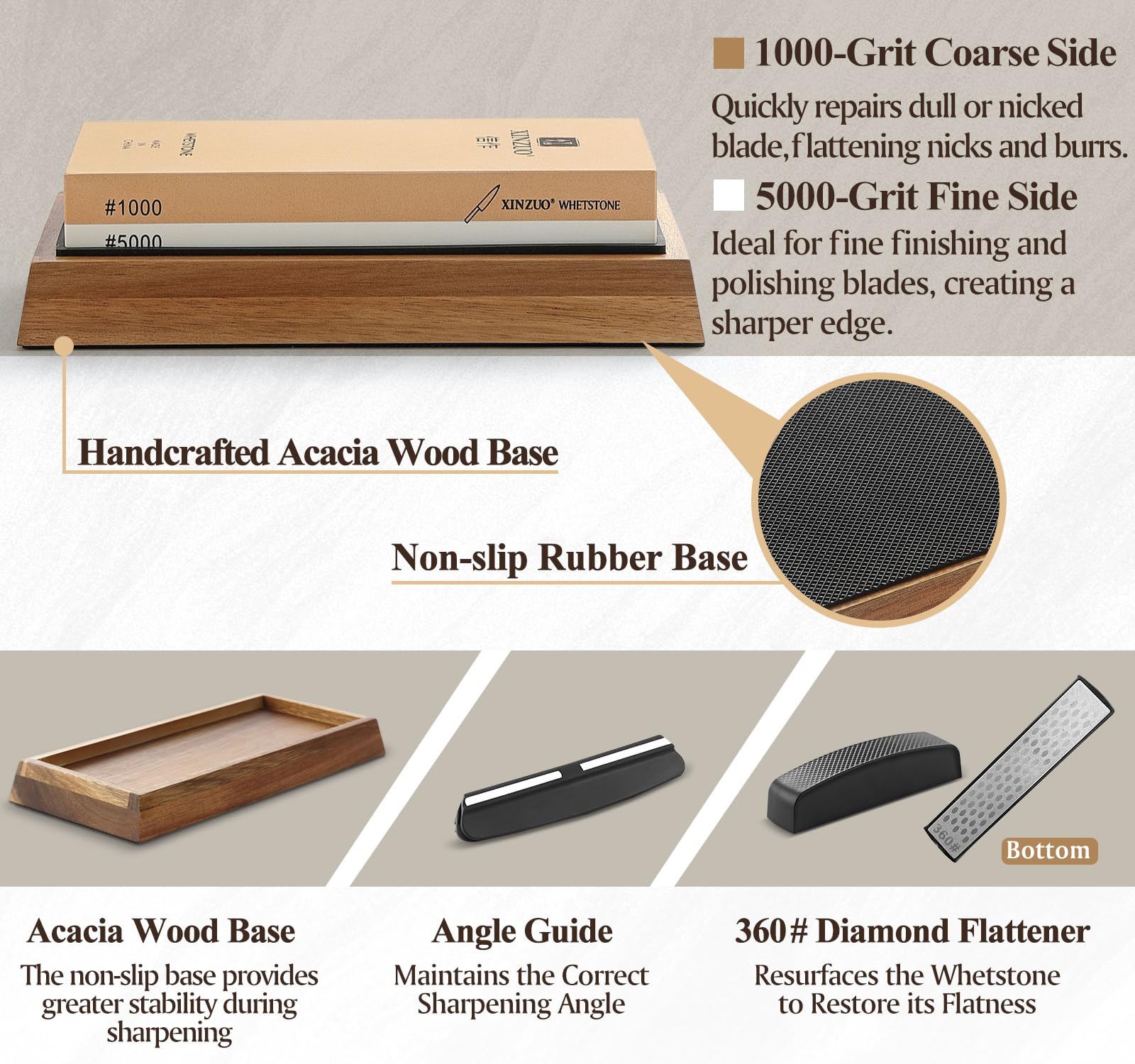 XINZUO Pierre à Aiguiser Grain Double Face 1000/5000, Aiguiseur de Couteau à Affûter Professionnel 2-en-1-Face avec Base en Silicone Antidérapant et Guide d'Angle et Pierre à Aplatir, 5 Pièces