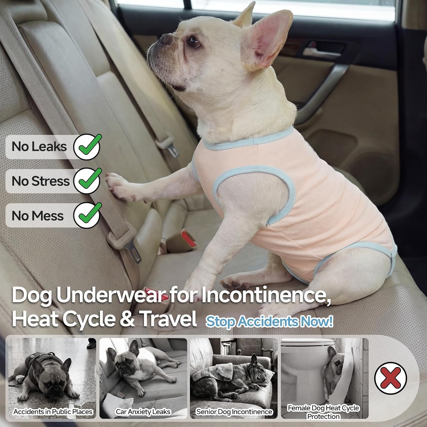 QBLEEV French Bulldog Diapers Female No Tail Hole, Reusable Sanitary Panties for Dogs in Heat or Incontinence, Washable & Escape-Proof Dog Period Underwear Onesie for Docked-Tail Frenchie Boston