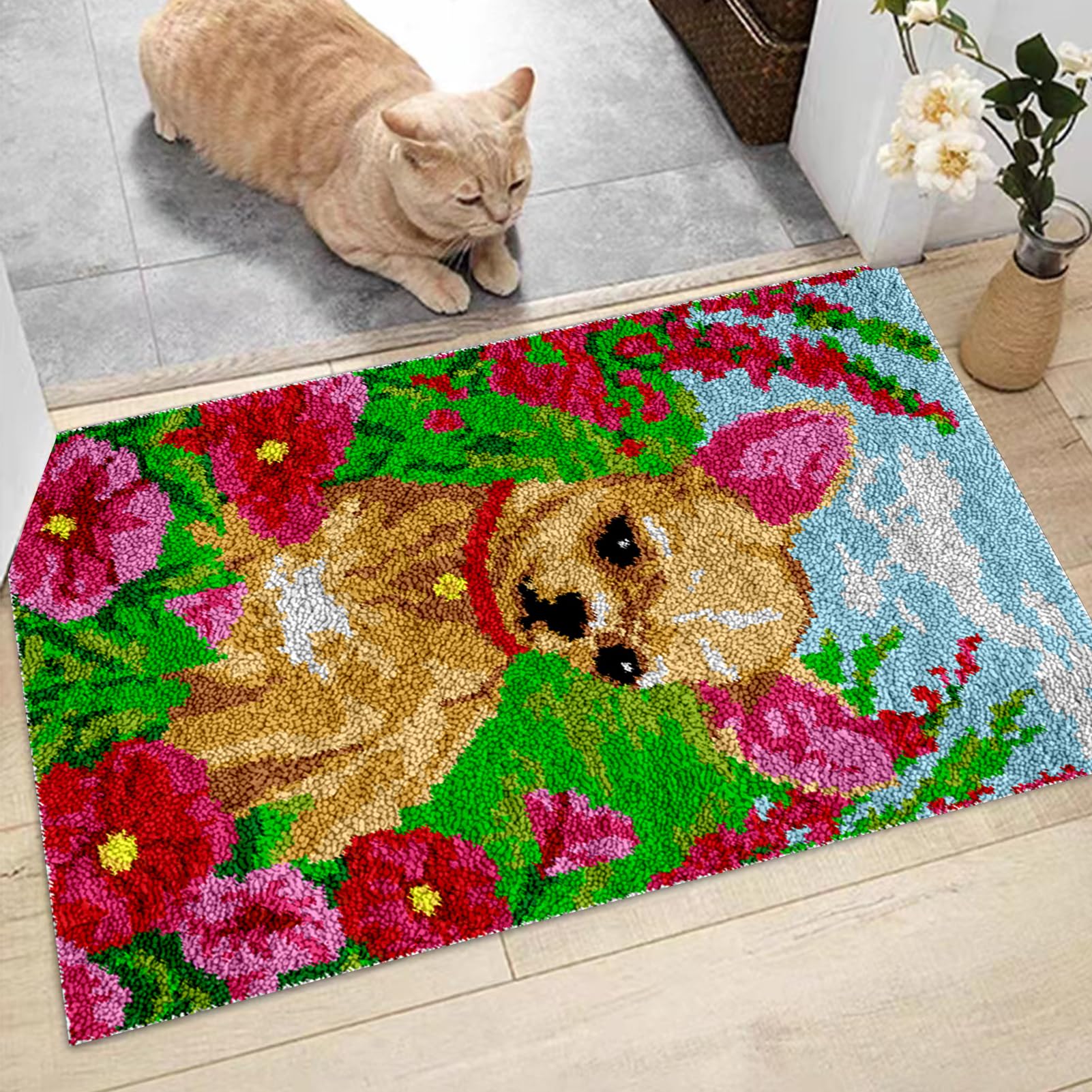 Kit per tappeto con gancio a scrocco, per adulti, fai da te, ricamo, kit con tela stampata, filato all'uncinetto, cuscino da pavimento, grande tappeto a gancio, kit per la decorazione della casa, 60 x