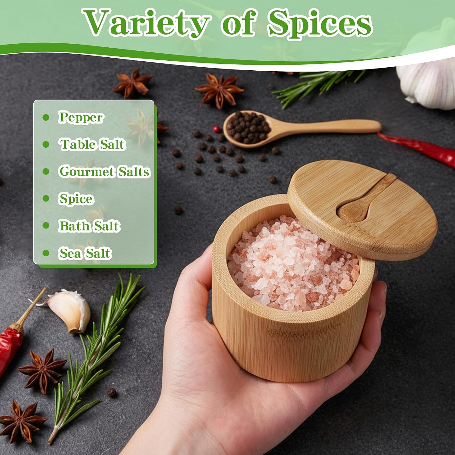 4 Pcs Bamboo Salt Cellar with Built-in Spoon and Magnetic Swivel Lid, Bamboo Salt and Pepper Containers, Seasoning Storage Holder Box for Salt, Pepper, Sugar, Spice, 6 oz