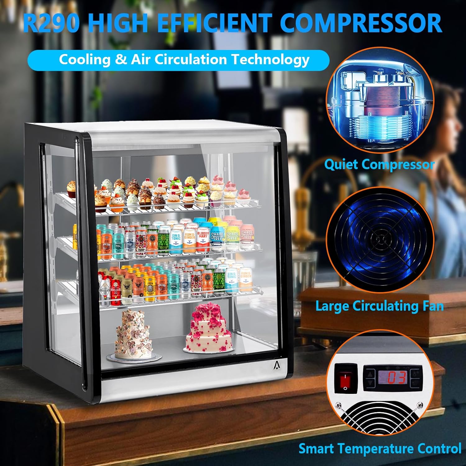 Commercial Refrigerated Display Case, 196L Glass Door Countertop Refrigerator with Double Layer Tempered Glass, 110V for Restaurants, Cafes, Stores, Black
