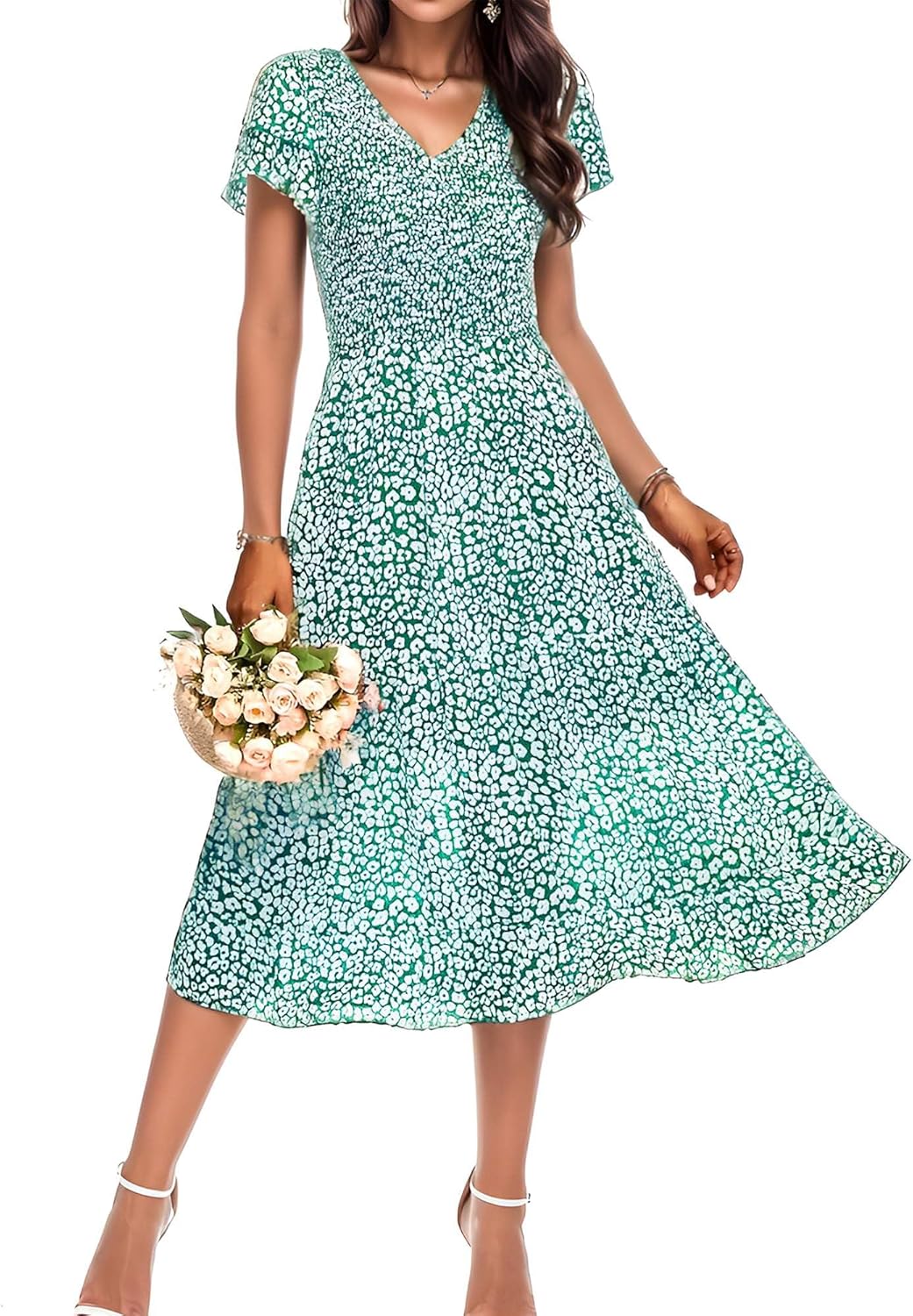 Women Elegant Floral Casual Summer Midi Dress V Neck Ruffle Sleeve High Waist Layered Hem Bohe Wedding Guest Dress