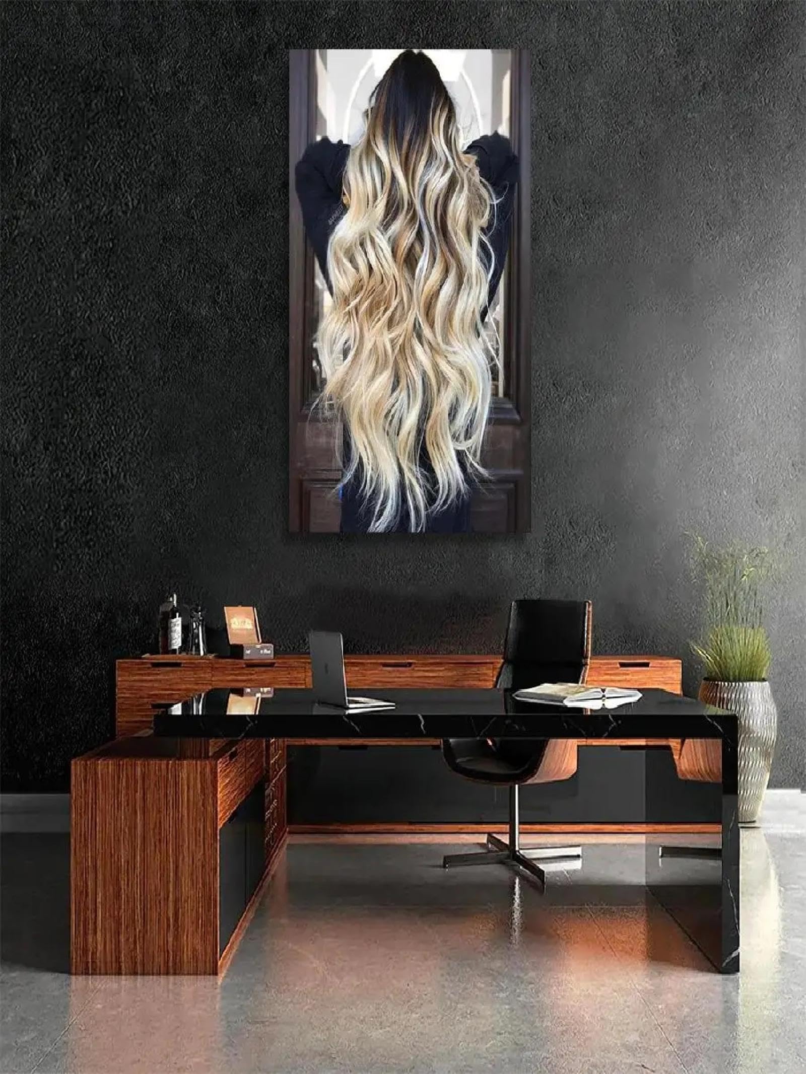 BMGKYAGL Oprawiony obraz ścienny z salonem fryzjerskim, modna fryzura, farba do włosów, druk plakatowy, płótno, sypialnia, modna dekoracja, 80 x 140 cm, ramka