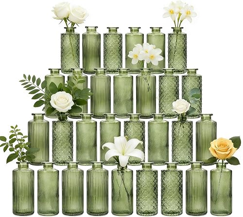 Glass Bud Vases 30 Pack, Small Green Flower Vases for Centerpieces in Bulk | Mini Vintage Vases for Wedding, Party, Home or Table Decorations