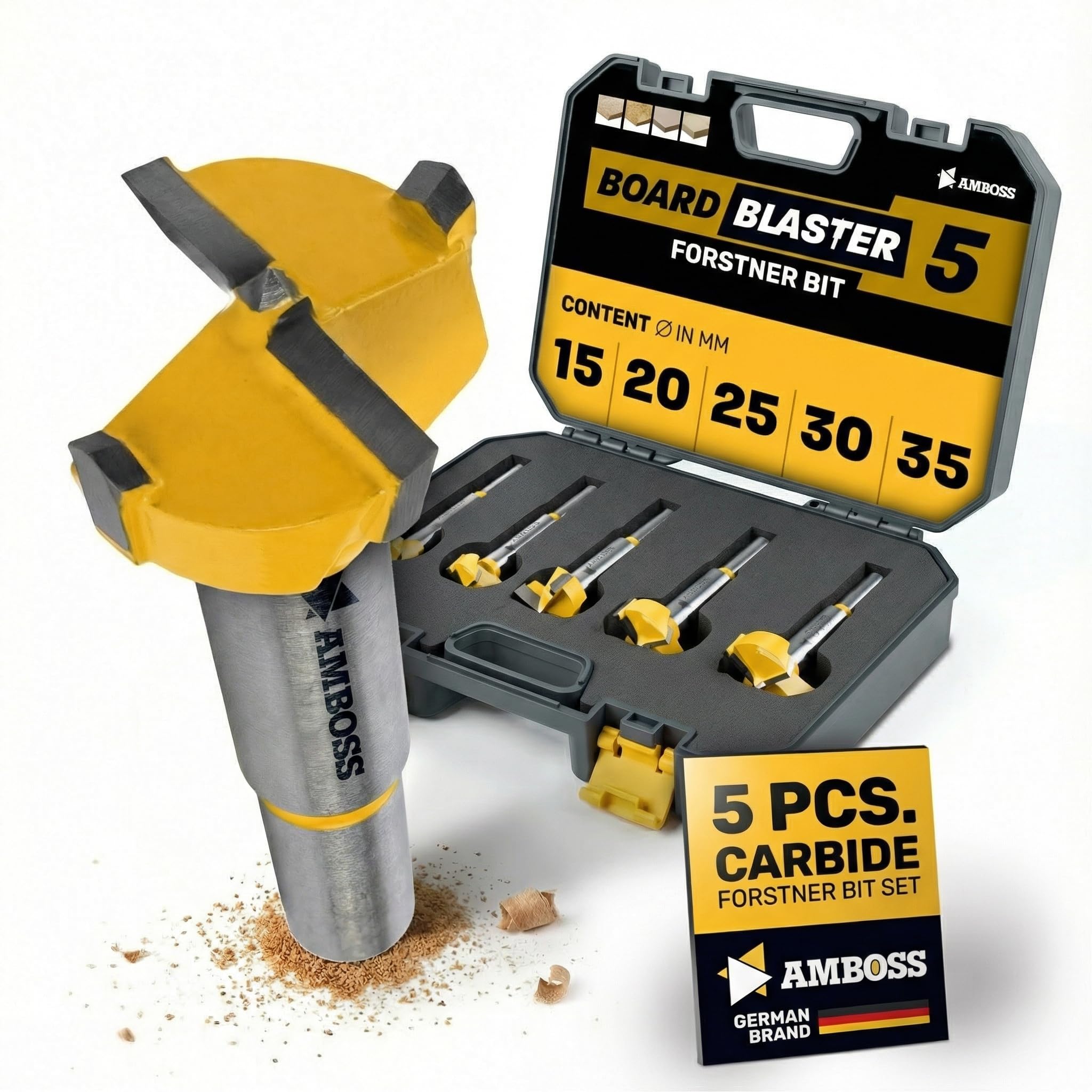 Set de mèches Forstner (5 pièces / Ø 15-35 mm) – Amboss Werkzeuge BOARDBLASTER Mèches à bois en carbure de tungstène 15/20/25/30/35 mm – perçages précis bois & matériaux en panneaux (panneaux de