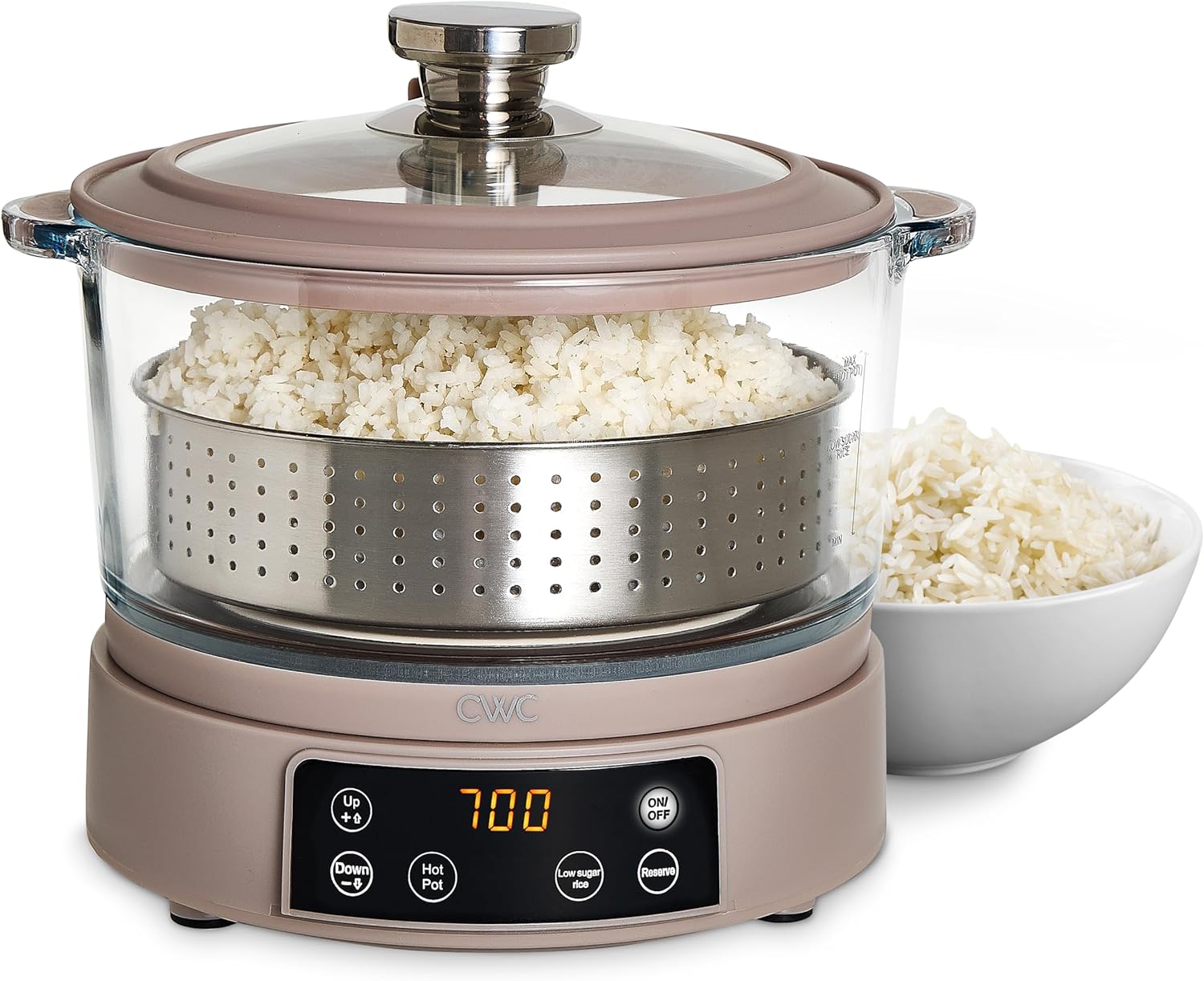 COOK WITH COLOR 3L Glass Low Carb Rice Cooker – Makes 6 Cups Low Sugar Rice with Auto Lift Filter Basket, Hotpot & Steamer for Rice, Grains and Oats, Digital Panel with Keep Warm Function, Greige