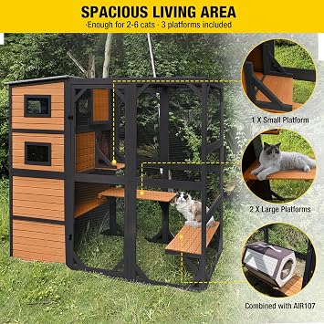 Aivituvin Large Cat Catio 4 Tiers Cat Enclosures House for Outdoor Indoor Cats with Weatherproof Roof, 3 Resting Rooms, 3 Platforms, 5 Windows 70 H 77 L