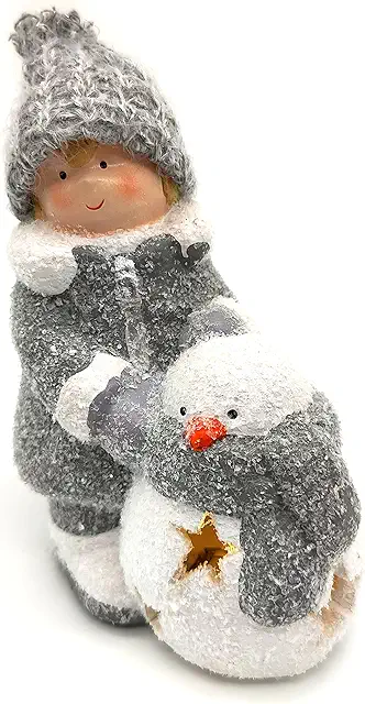Winterkind Junge mit LED Schneemann 16cm Dekofigur für Weihnachtsdeko