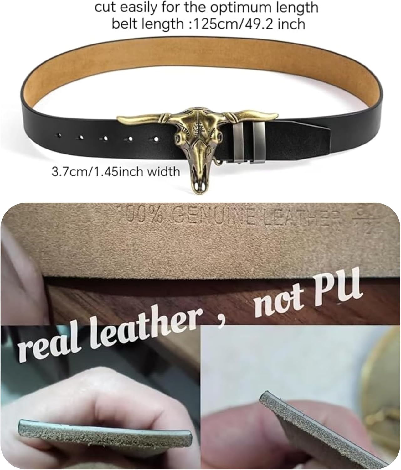 Western Belt Cowboy Belts for Men Women, Western Leather Belts Bull Buckle Belt for Jeans, Buckle Removable Plaque - Image 7