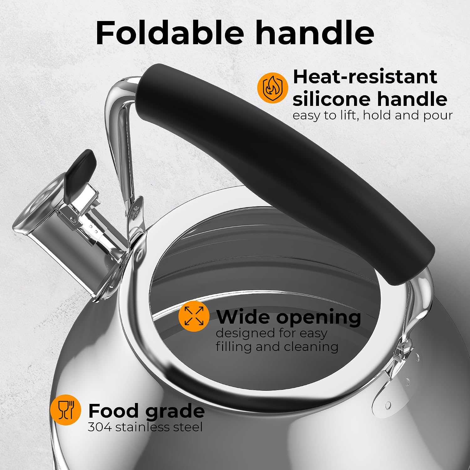 Stovetop Whistling Tea Kettle 2.4 QT / 2.3L, Stainless Steel Water Kettle for Induction, Gas & Electric Stoves, Fast Boiling Tea Kettle with Loud Whistle, Cool Touch Handle, Wide Lid, Shiny, Silver