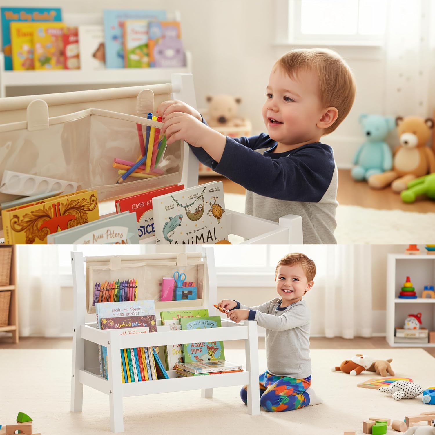 Spirich Montessori Kids Bookshelf - Front-Facing Children’s Book Display with Storage Pouch, White Wood Floor Bookcase for Nursery & Playroom - Image 7