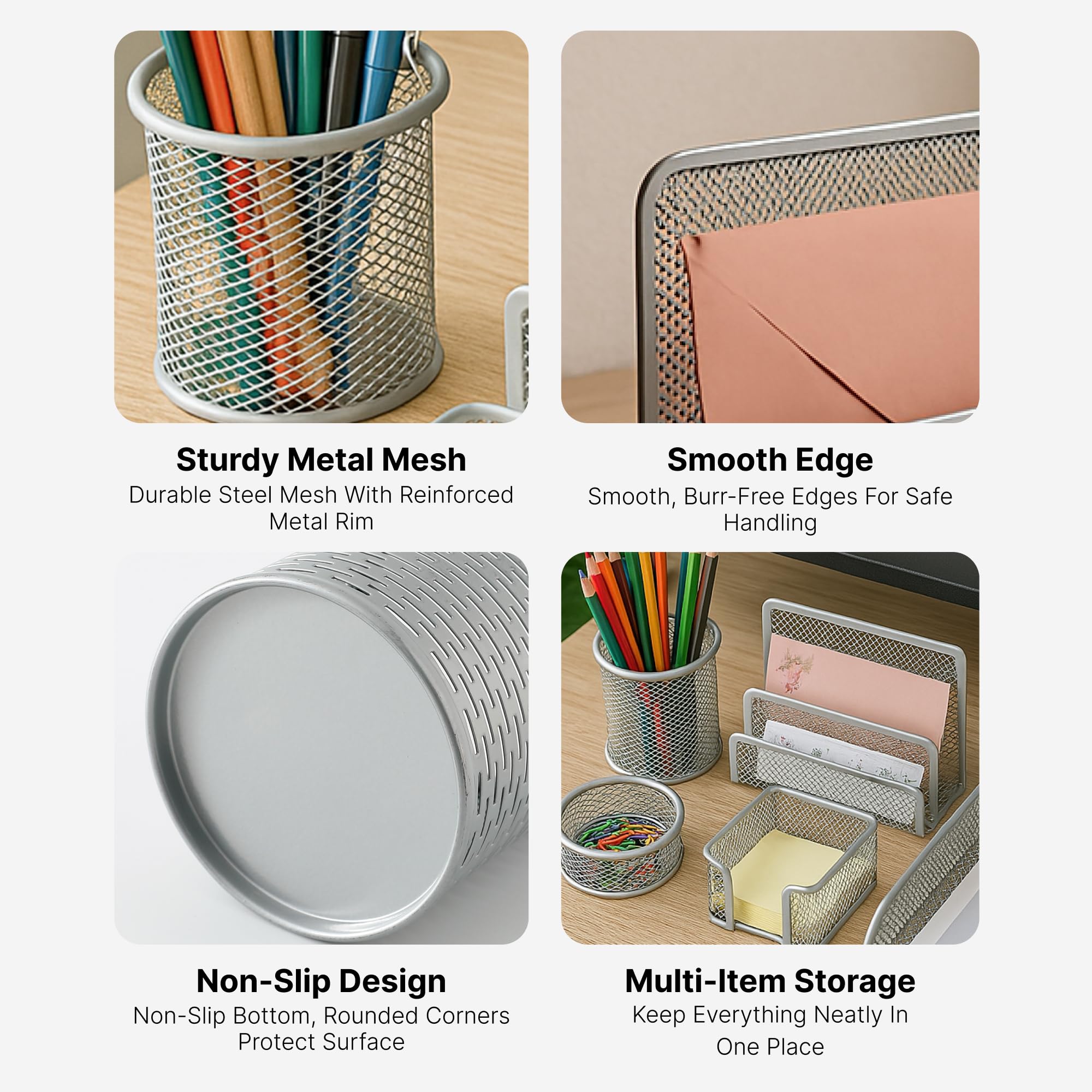 The Better Home Set of 5 Drawer Organisers | Metal Mesh Design | Multipurpose Desk Organizer for Office Supplies | Pen Pencil Brush & Clip Holder | Powder Coated | Silver 2