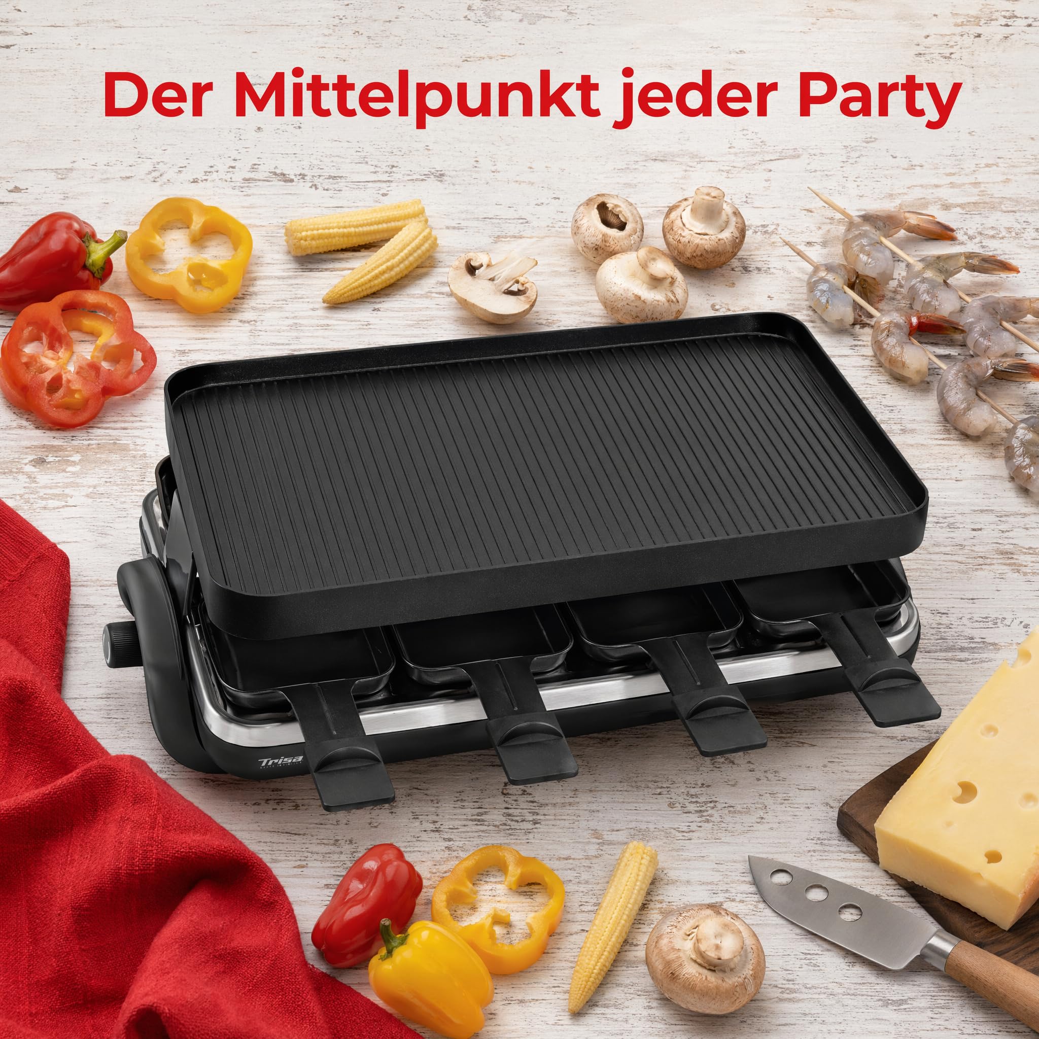 Trisa Raclette Supreme 8 Grill, 1500W, 8 Pfännchen, Guss-Aluminium Platte | 8 Antihaft-Pfännchen & Spachtel, Guss-Aluminium Grillplatte, 1500W, Stufenloser Temperaturregler