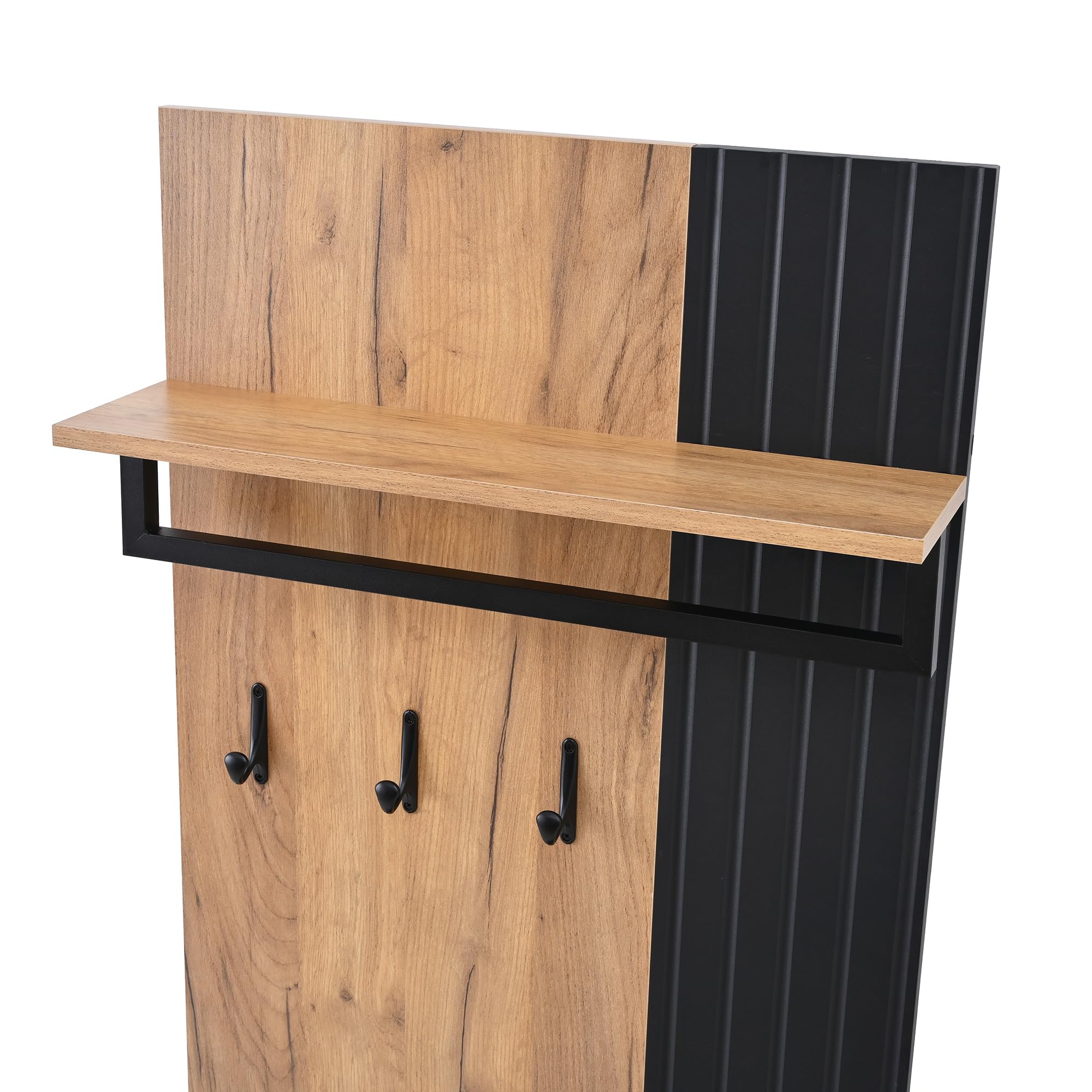 Merax Garderobenset mit Schuhbank, Schuhschrank mit 2 Türen, Flurmöbel mit Rückwand mit 3 Haken, Schwarz & Naturfarben, 70x36x146 cm