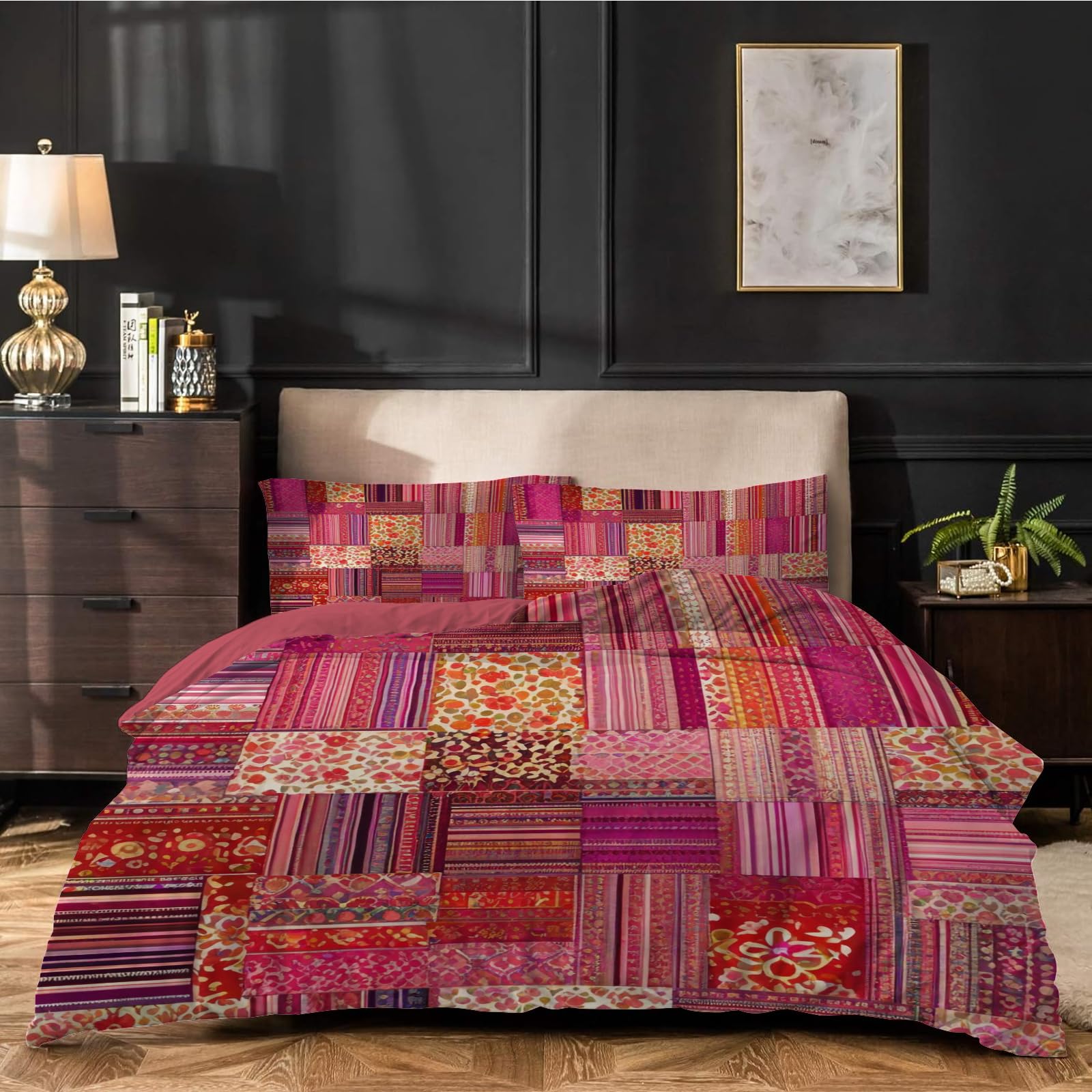 Dyausi Girls Red Duvet Cover Double Patchwork Flowers Printed Reversible Stylish Bedding Double Bed Set For Woman Soft Microfiber Quilt Cover Double Bedding 200X200cm + 2 Pillowcases 50X75cm