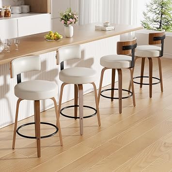 Swivel Bar Stools Set of 4, 26" Faux Leather Upholstered Counter Height Bar Stools with Back and Bentwood Legs, Mid Century Modern Bar Chairs Island Stools for Kitchen Counter, Cream White