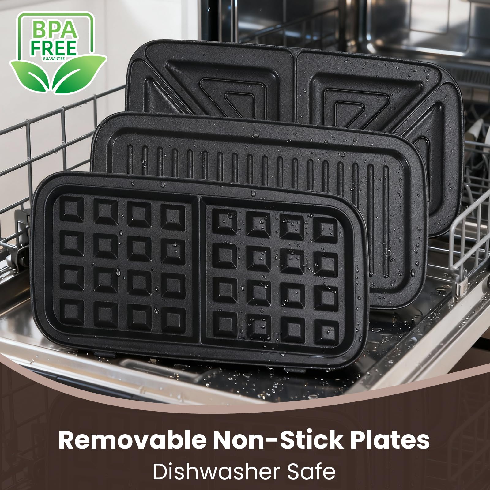 3 en 1 waflera belga Panini prensa y sandwichera con placas antiadherentes extraíbles, 5 ajustes de temperatura, diseño mejorado, mango de tacto fresco, 1200 W 120 V