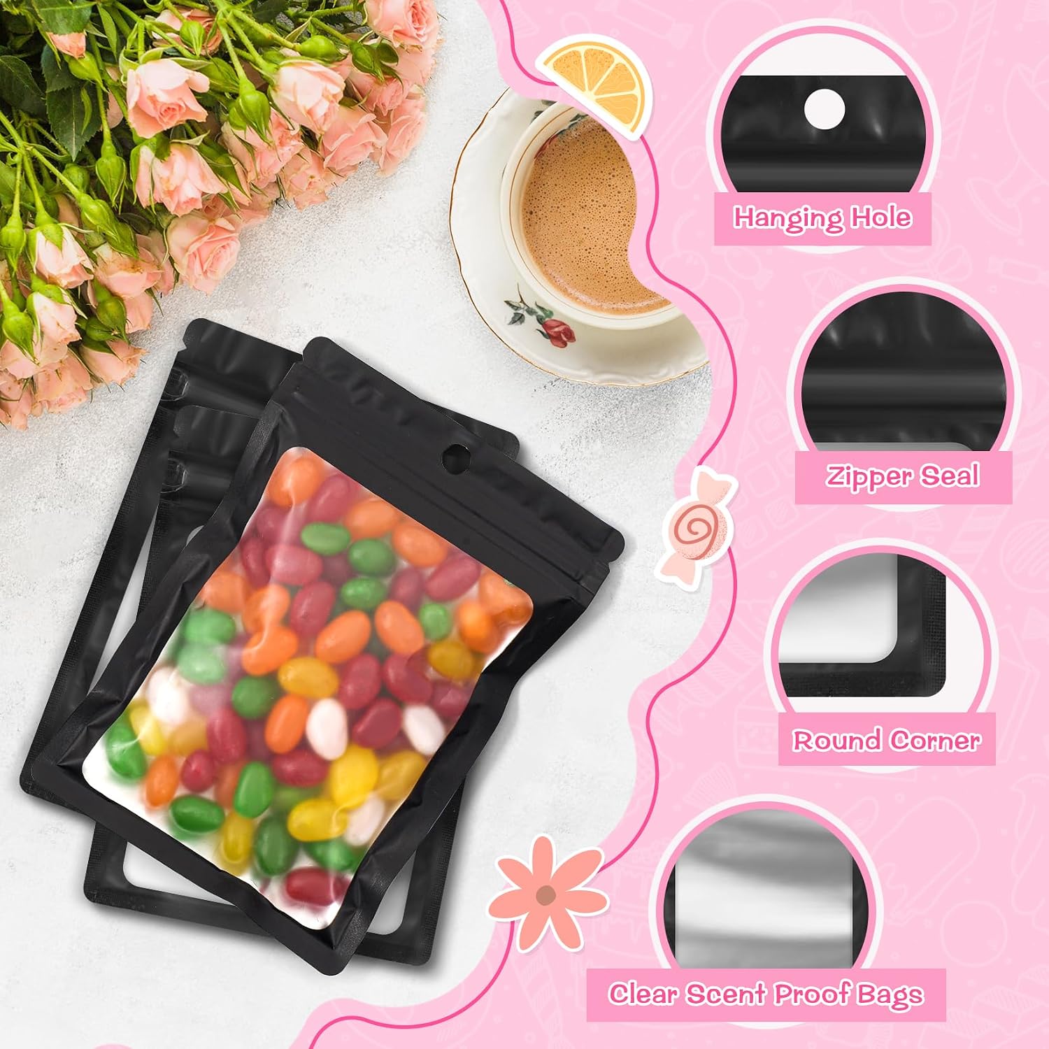 FUNFERY 100 Pack Mylar Resealable Bags, Black Foil Packaging Bags | with Frosted Clear Window, Zipper Bag Smell Proof Pouch for Food Storage, Cookies, Sample, Small Business,Trading Card,4x6in