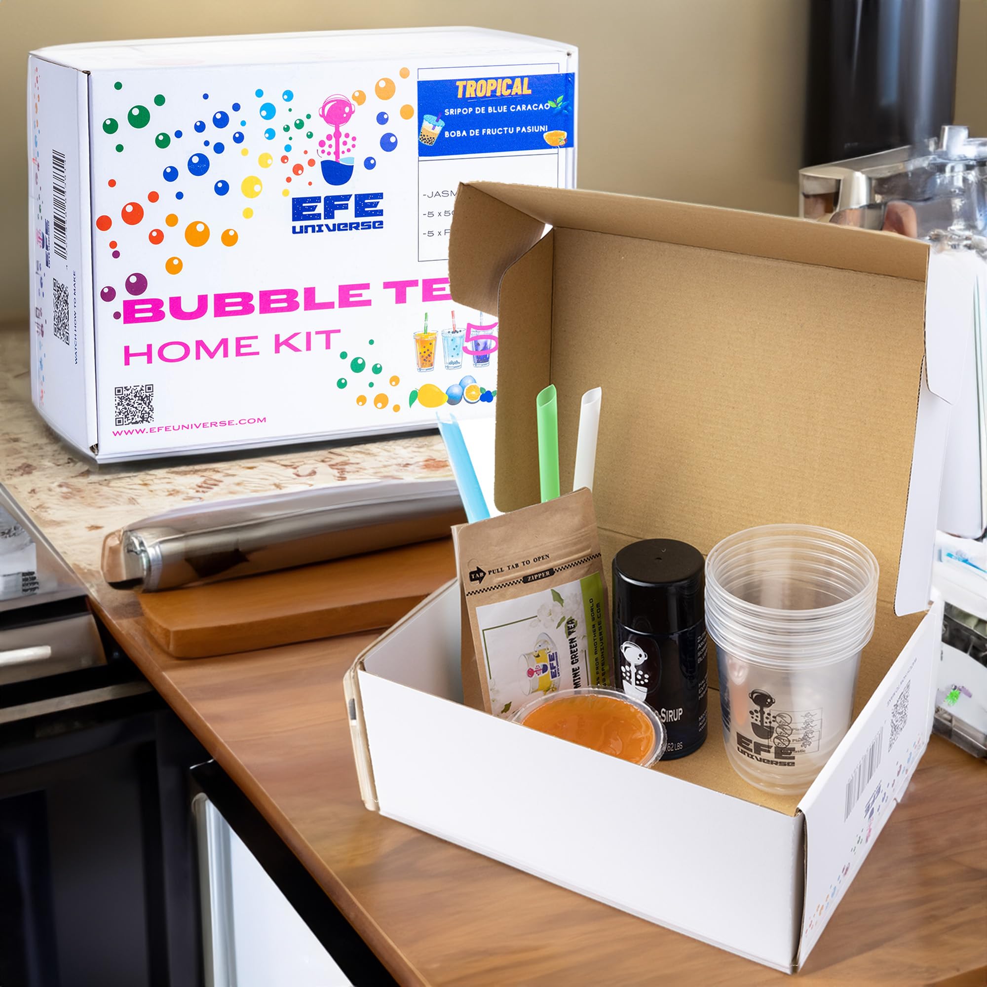 NORDIC SCHILLER Bubble Tea Home Set, Té de Burbujas, Tropical Vibes, 100% Vegetariano y sin Gluten, perlas de Boba con maracuyá, jarabe de cracao azul y té verde jazmín, Perlas De Fruta de la Pasión