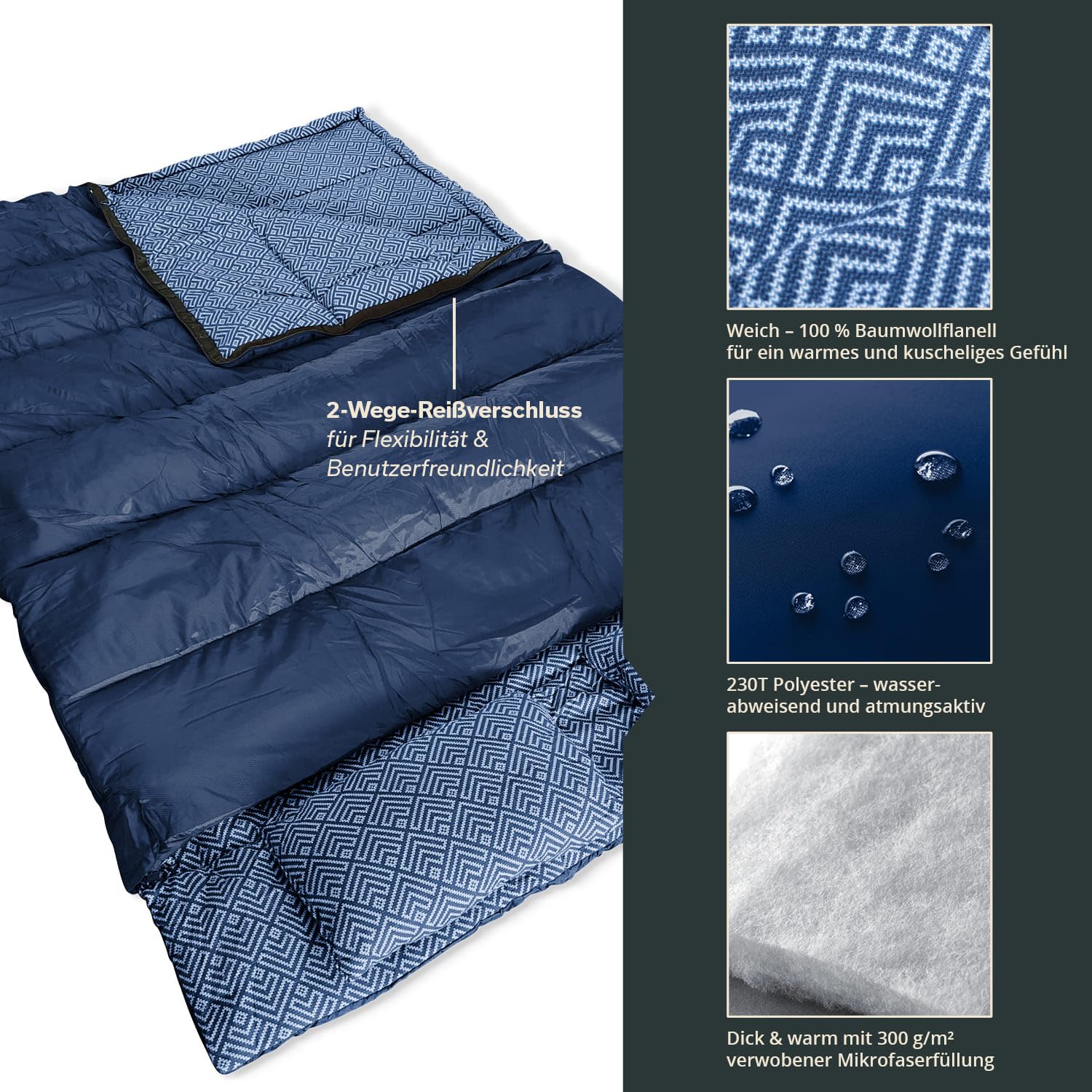 Skandika Doppelschlafsack Iceland Double | Schlafsack 2 Personen 3 Jahreszeiten, mit/ohne Flanell, Baumwolle, Kissen, 220 x 150 cm, als Einzelschlafsack nutzbar | Deckenschlafsack Familienschlafsack