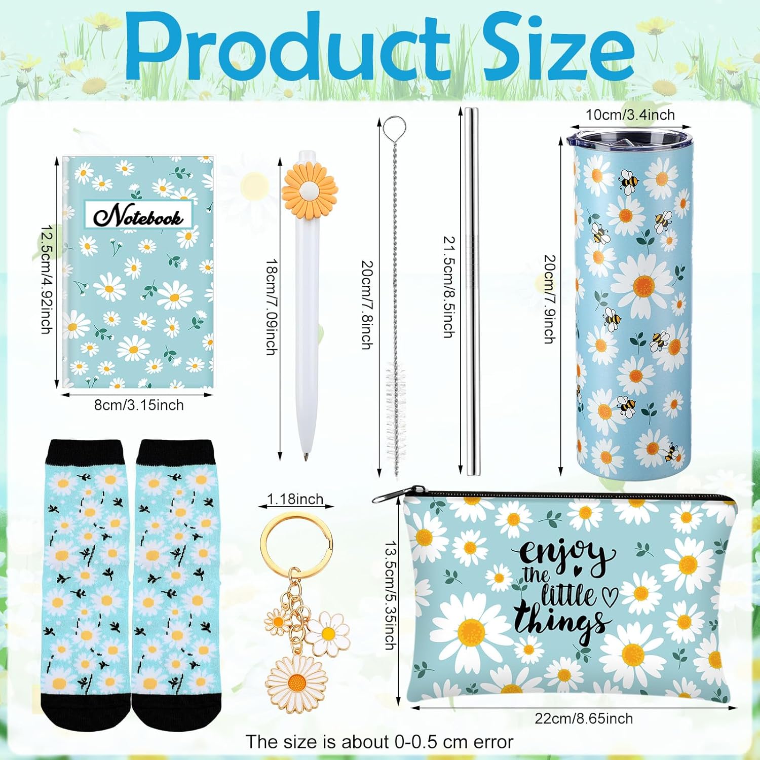 Panitay 6 Pcs Daisy Gifts Set for Women Daisy Flower Themed Stainless Steel Tumbler 20 Ounce with Straw and Brush Socks Cosmetic Bag Notebook Pen Keychain Party for Women Spring Birthday Supplies