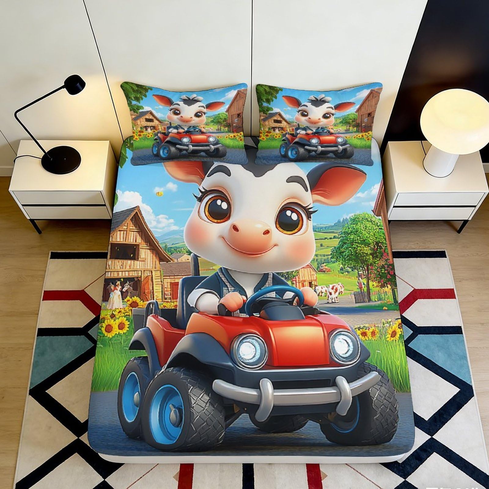 3D Printed Cute Cartoon Cow Fitted Sheet Microfiber Soft Durable 3D Printed Farm Animal Mattress Cover for Bedroom Dormitory Guest Room Decoration 140x200x25cm