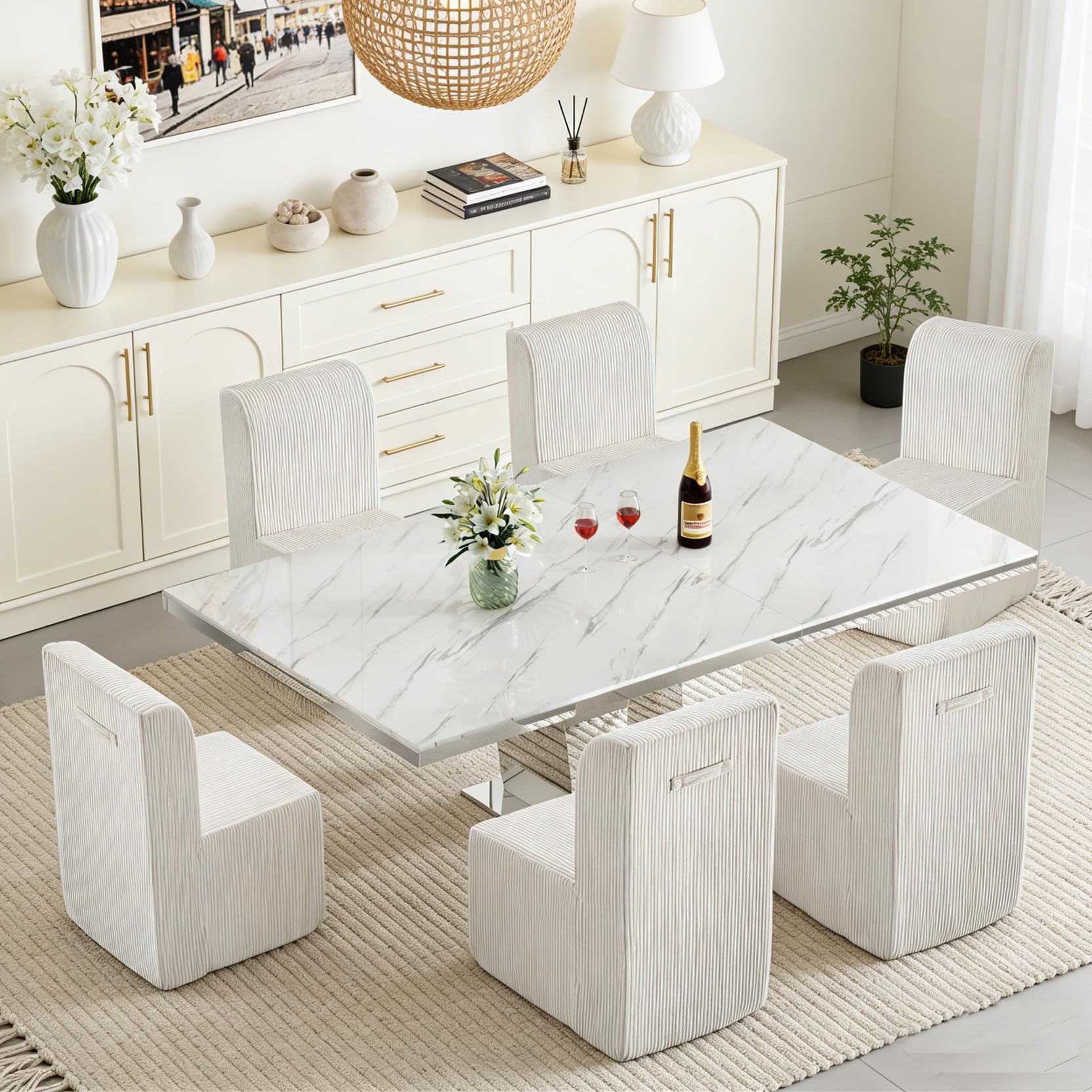 7-Piece Extendable Dining Table Set for 6, Modern 63"-94" White Marble Expandable Kitchen Table Set with 6 Furry Chairs, Large Extendable Dining Room Tables with Mirrored Columnar Base