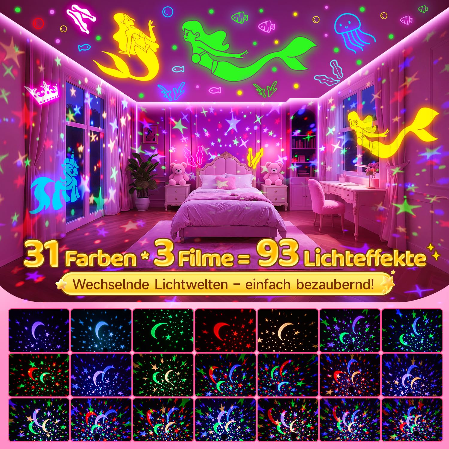 Einhorn Spielzeug ab 3-12 Jahre Mädchen, 【3 Filme+93 Effekte+Dimmbar】 Einhorn Geschenke für Mädchen Geschenke, 【Remote+3 Timer+Rotation】 Sternenhimmel Projektor Kinder, Meerjungfrau Spielzeug