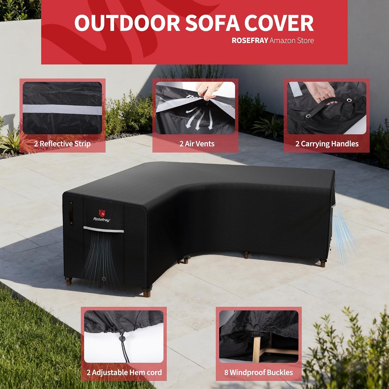 Rosefray 600D Outdoor V-Shaped Sectional Cover,Heavy Duty Anti UV Patio Sectional Sofa Cover with Air Vent, Waterproof Furniture Covers for Deck, Lawn,Backyard 85"x85" Black