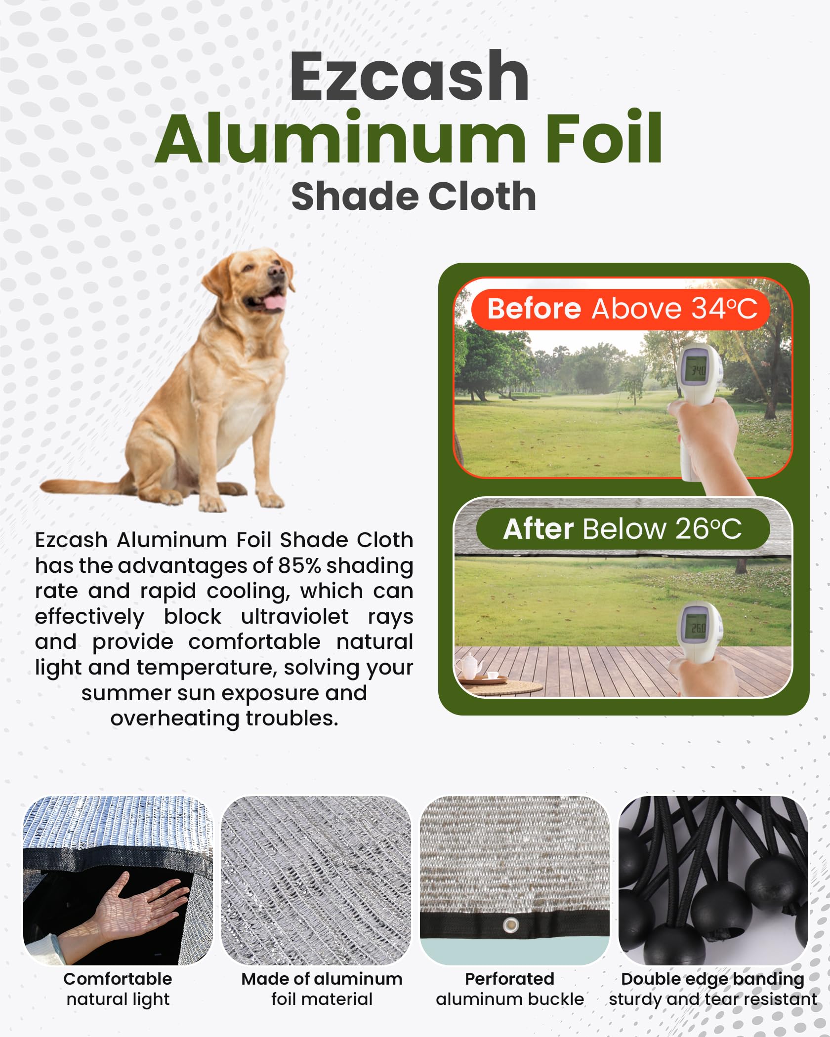 Aluminet - Tela de sombra de 3 x 6 m, 85 % reflectante de aluminio con ojales, tela de protección solar para coche, mascotas, jardín, patio, invernadero, incluye cordones elásticos
