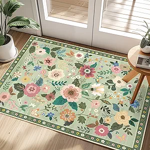 Floral 2x3 Area Rug Machine Washable Soft Print Boho Carpet Non Slip Doormat Low Pile Flower Area Rugs for Living Room Bedroom Nursery Kitchen Dining Room Indoor-Light Green