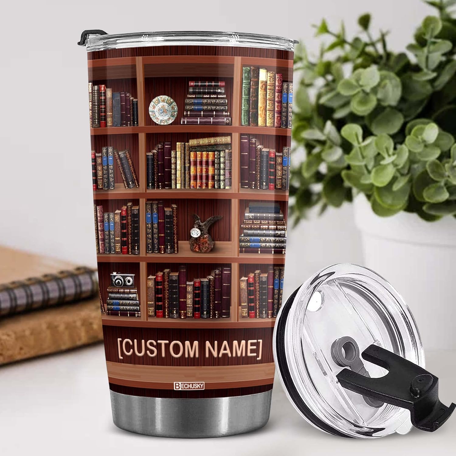 BECHUSKY Personalized Bookshelf Tumbler - Library Book Lover Gift for Readers, Bookworm, Men, Women - Birthday, Christmas, Anniversary