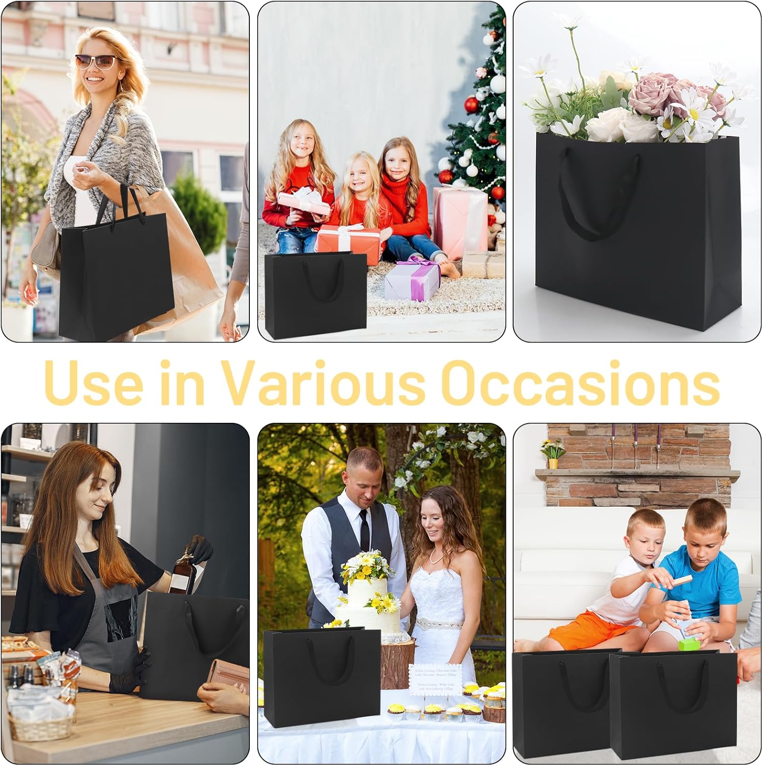 FISHLONO Black Gift Bags With Handles, 12.6x4.5x10 Inch Medium Large Gift Bags Bulk, Black Kraft Paper Bags for Wedding Shopping Party Birthday Business Baby Shower (20) - Image 5