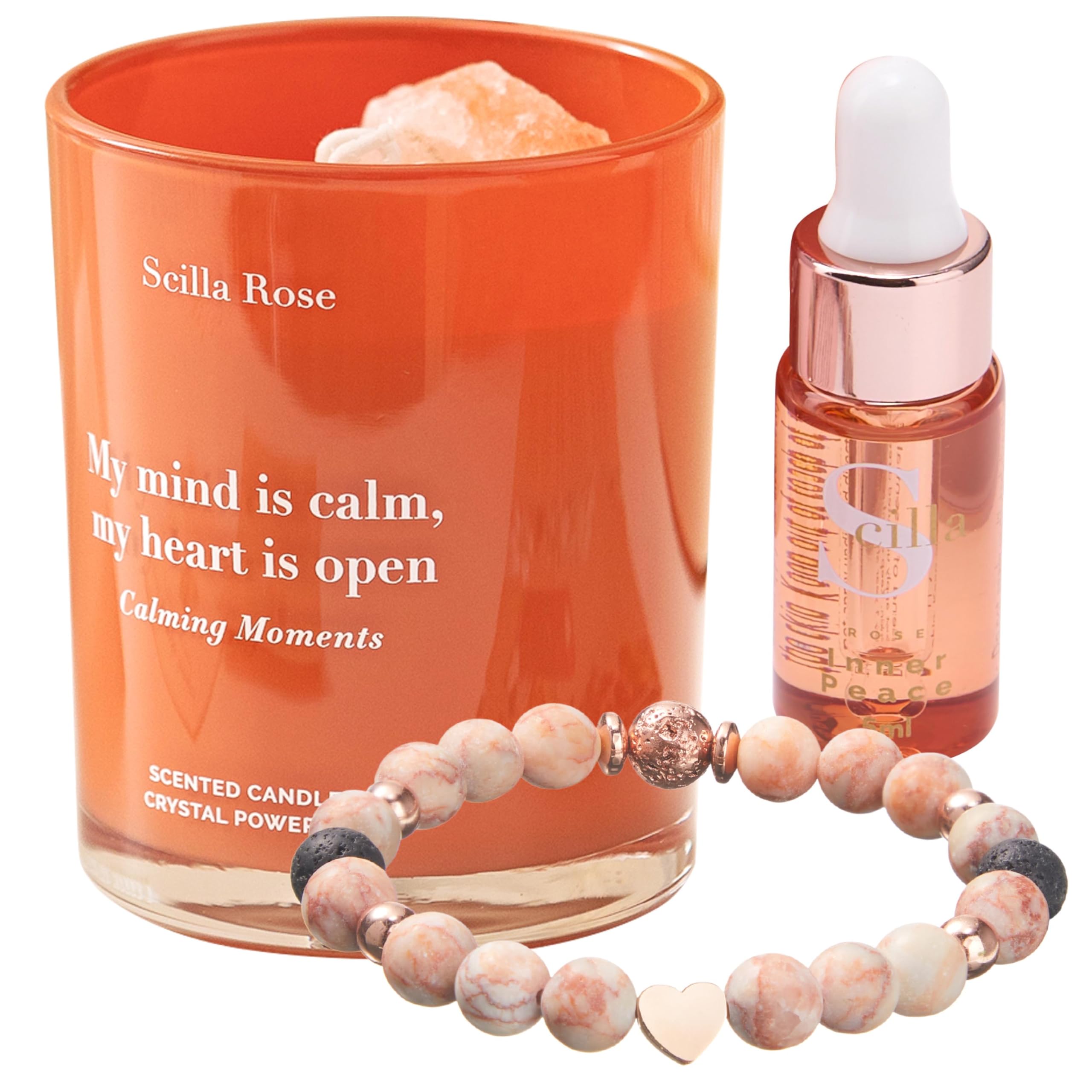 Soothing Anti-Anxiety Aromatherapy Charm Bracelet with Crystal Healing & Scented Candle Set - Women's Relaxation, Stress Relief, Wellness Pamper Hamper Gift for Mum, Best Friend, Sister